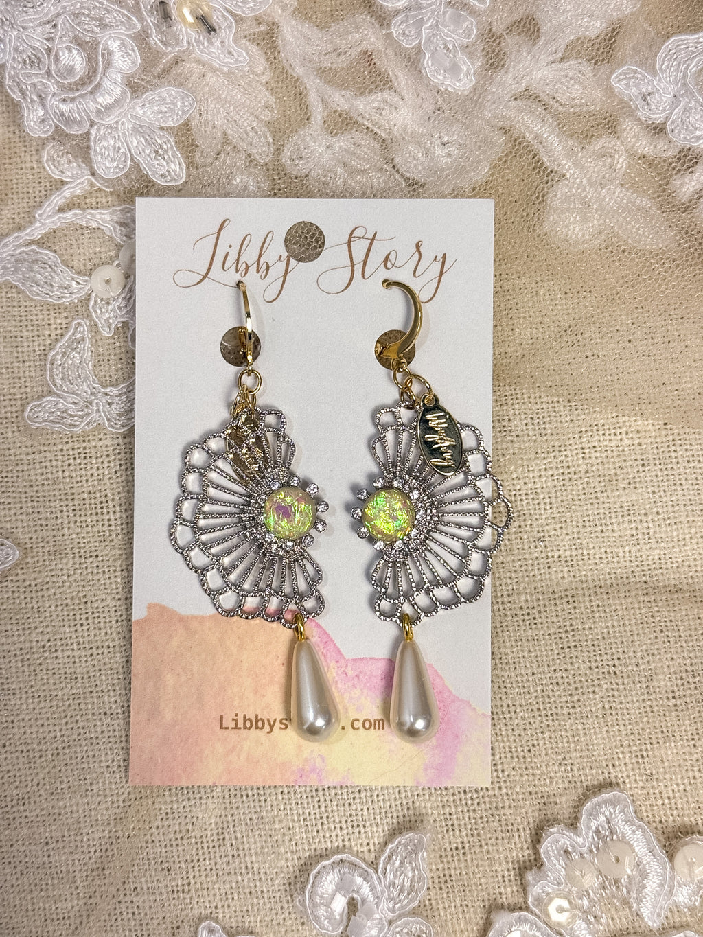 OOAK Vintage Fan & Pearl Drop Earrings