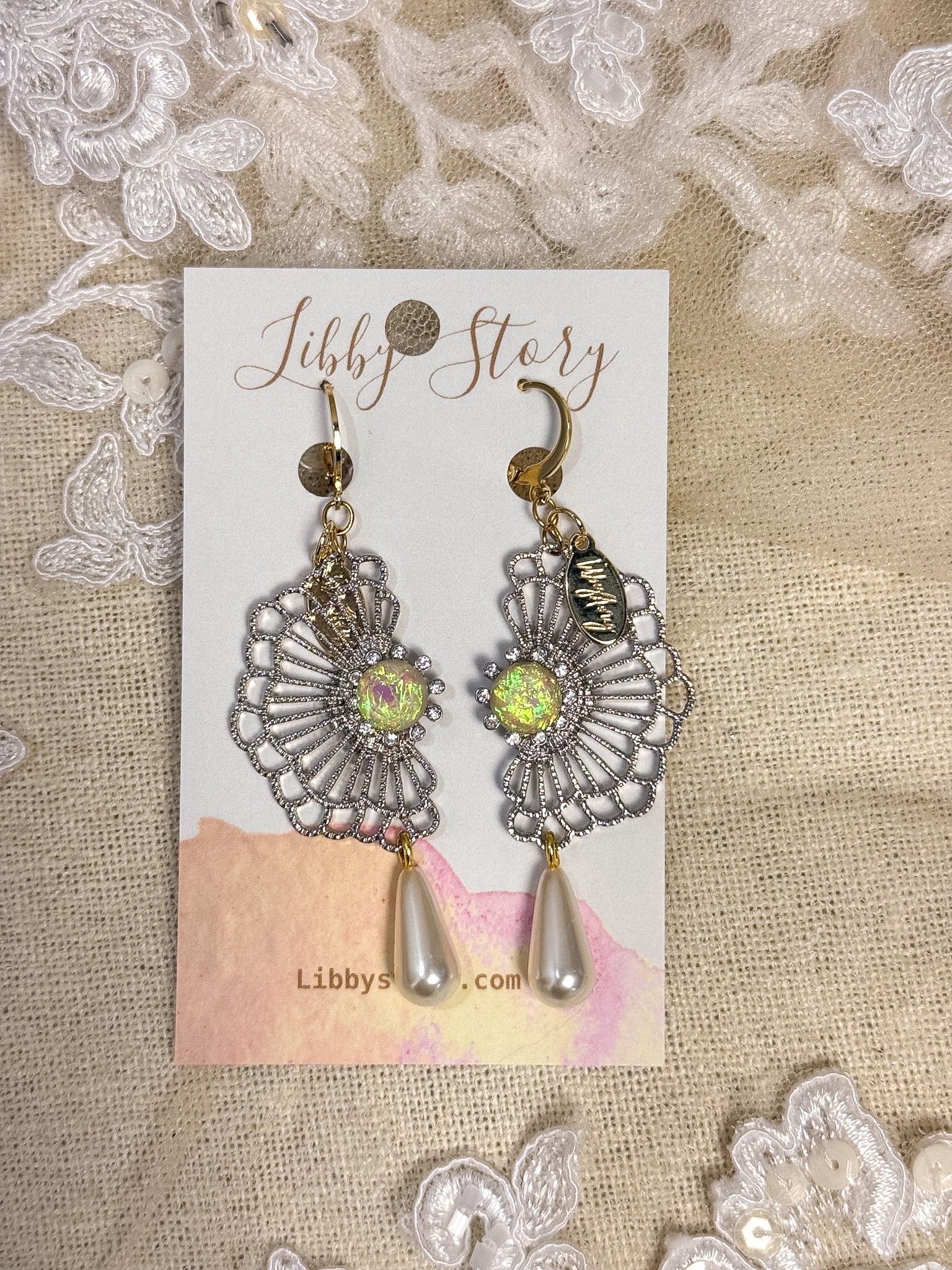 OOAK Vintage Fan & Pearl Drop Earrings