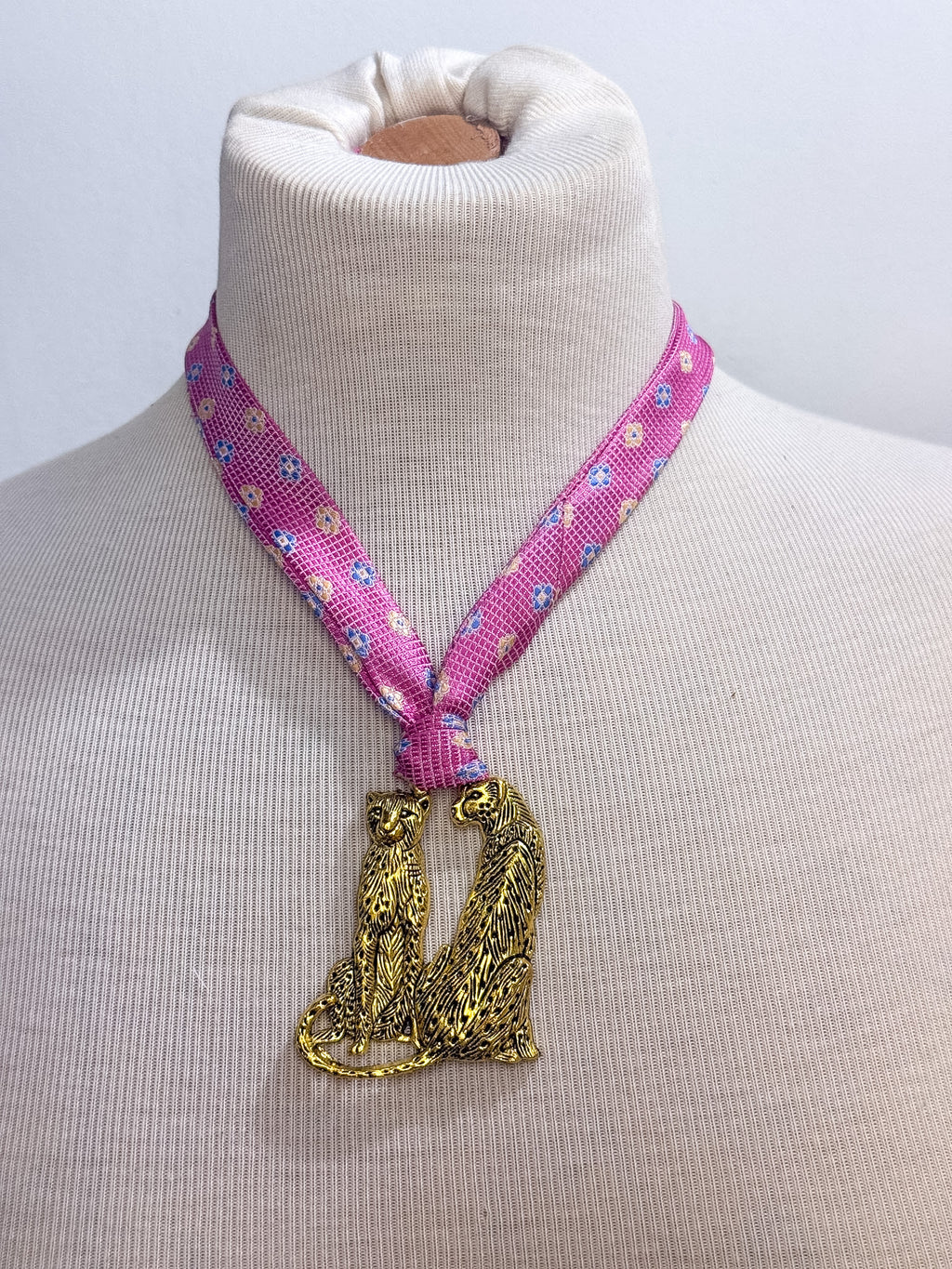 OOAK Floral Fabric Leopard Pendant Scarf Necklace