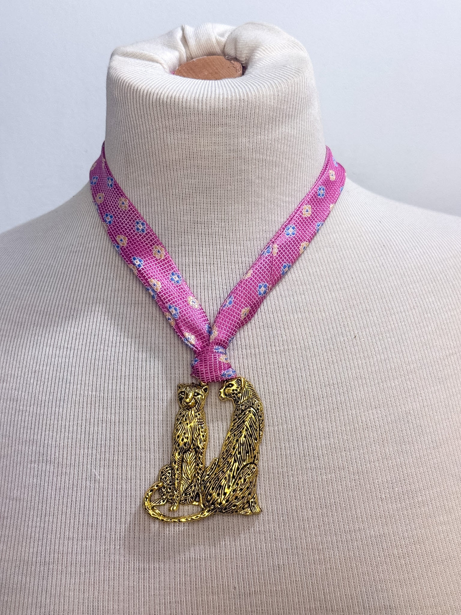 OOAK Floral Fabric Leopard Pendant Scarf Necklace