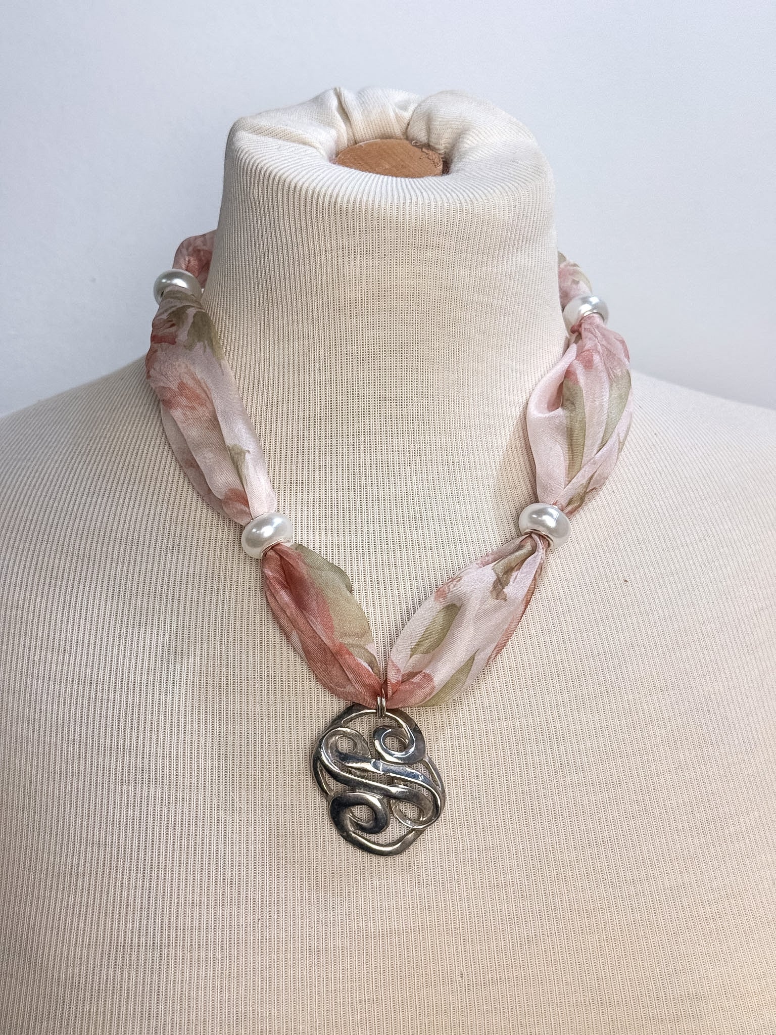 OOAK Vintage Pendant & Floral Chiffon Scarf Necklace