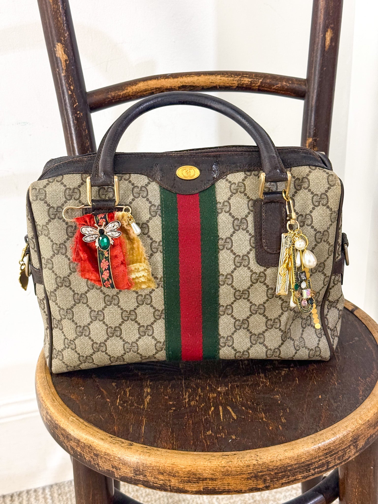 OOAK Vintage Boston Satchel with Bag Pin & Charm