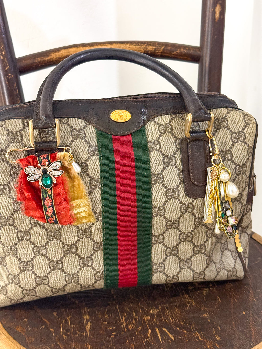 OOAK Vintage Boston Satchel with Bag Pin & Charm