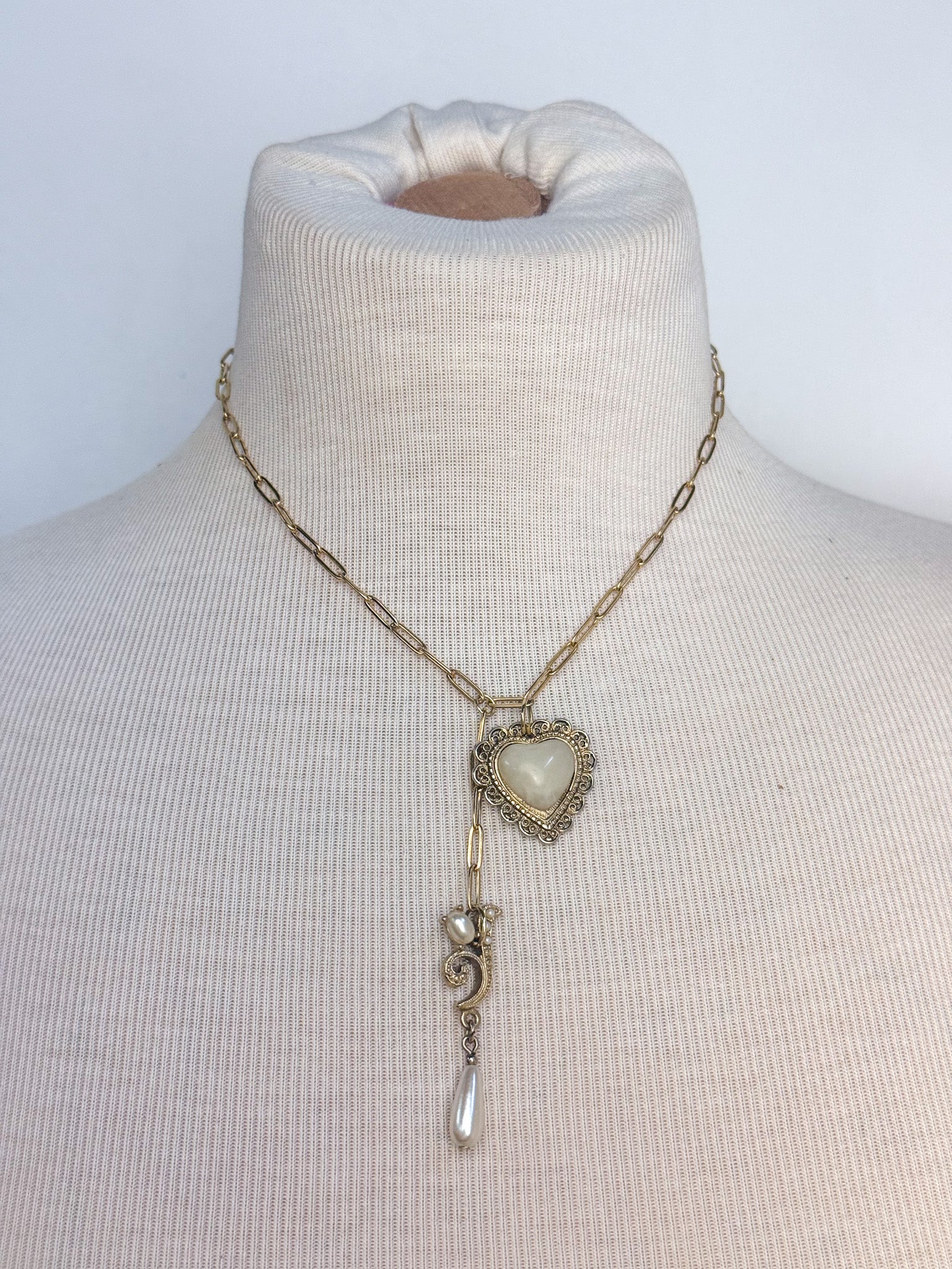 OOAK Vintage Heart & Pearl Drop Necklace