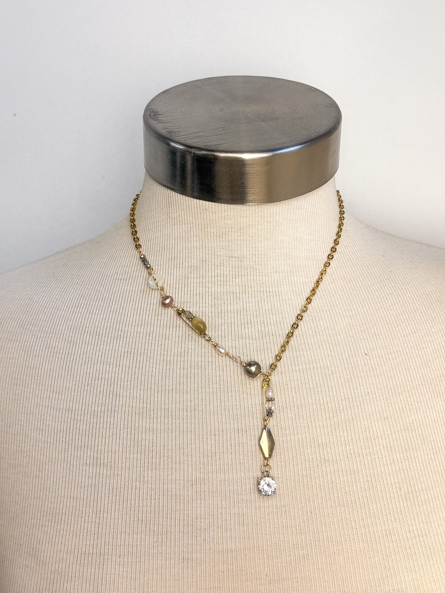 OOAK Safety Pin Peal Lariat Necklace