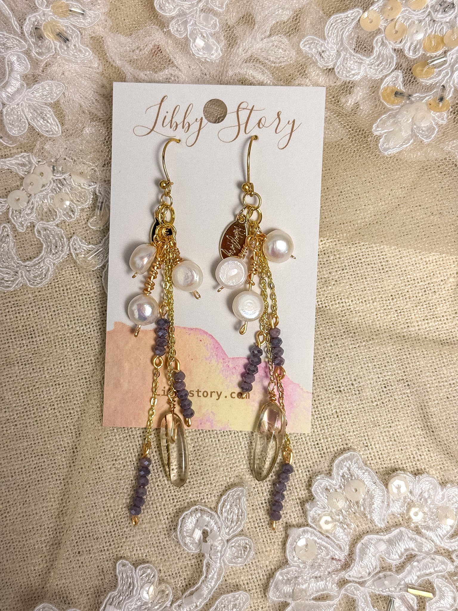 Handmade Triple Pearl Glass & Gold Stone Statement Earrings