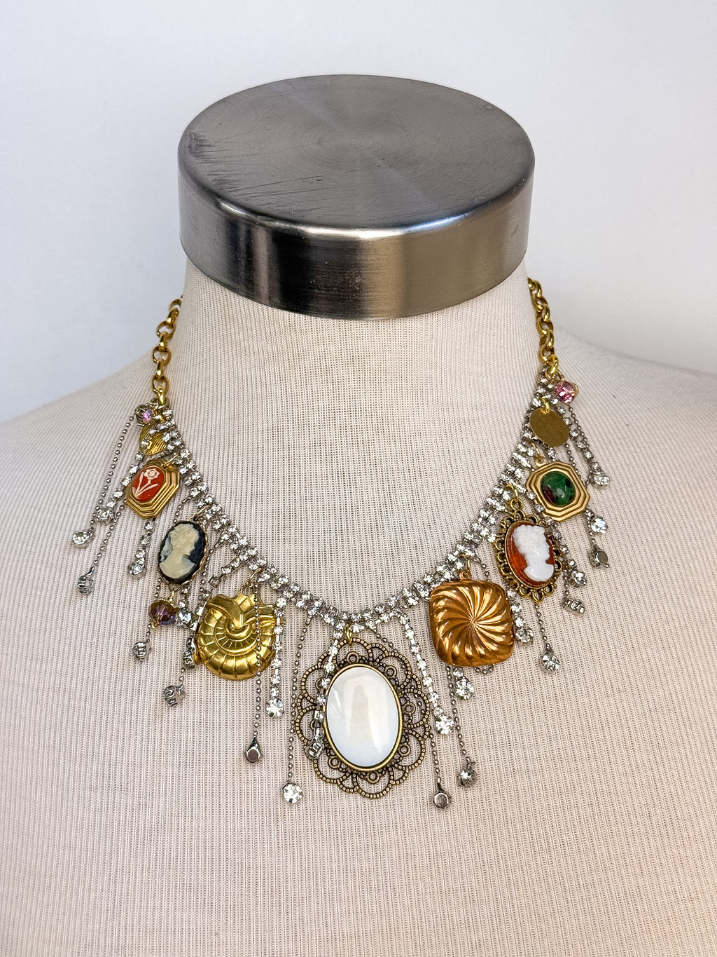 OOAK Rhinestone Fringe Vintage Charm Necklace