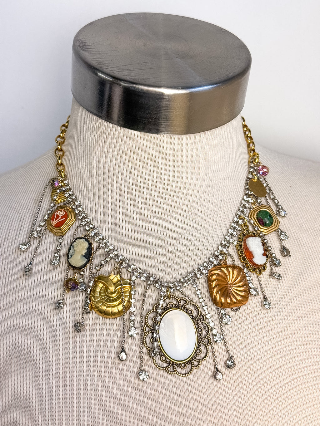 OOAK Rhinestone Fringe Vintage Charm Necklace