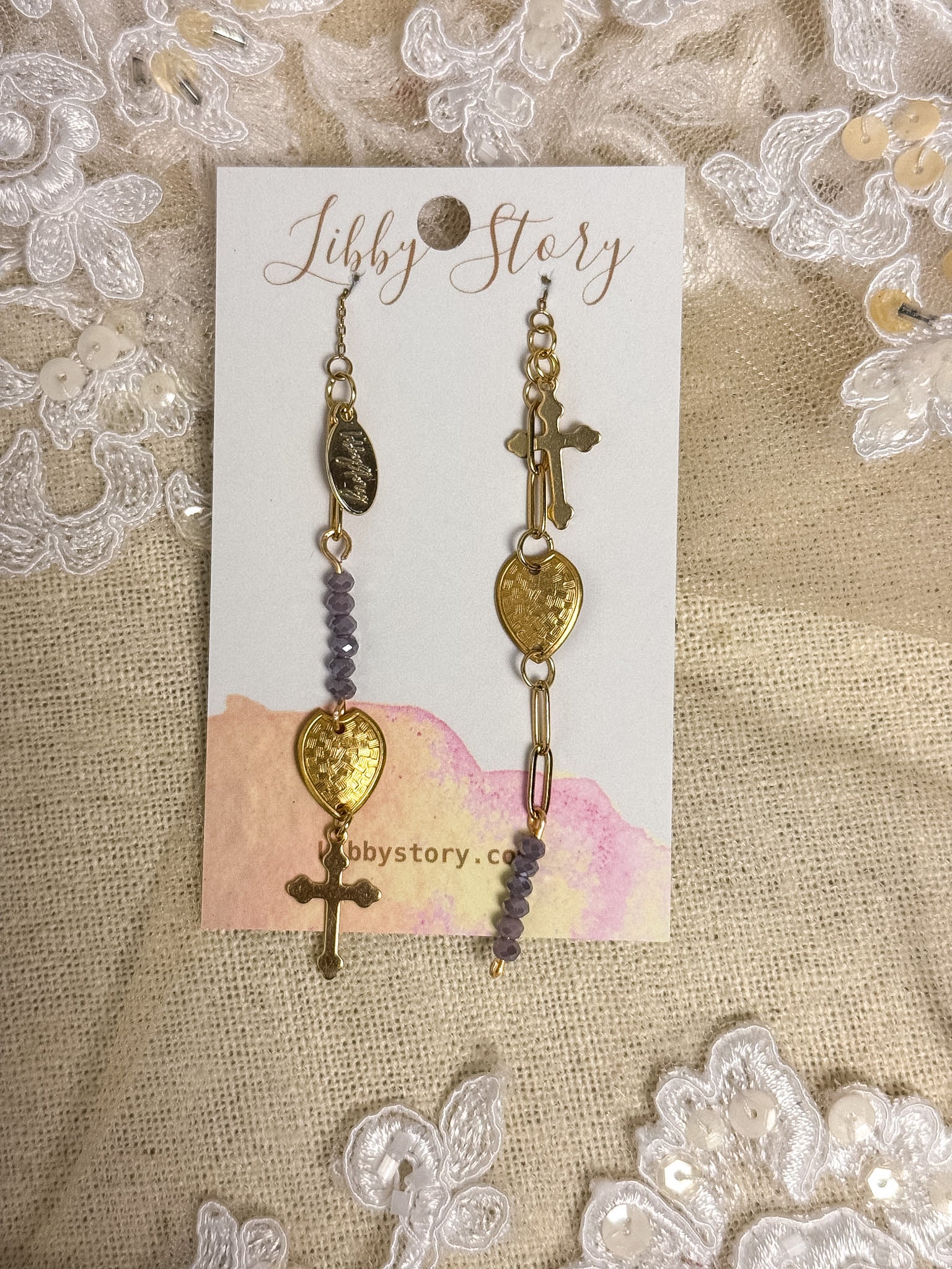 Faceted Glass & Cross Mismatch Threader Earrings