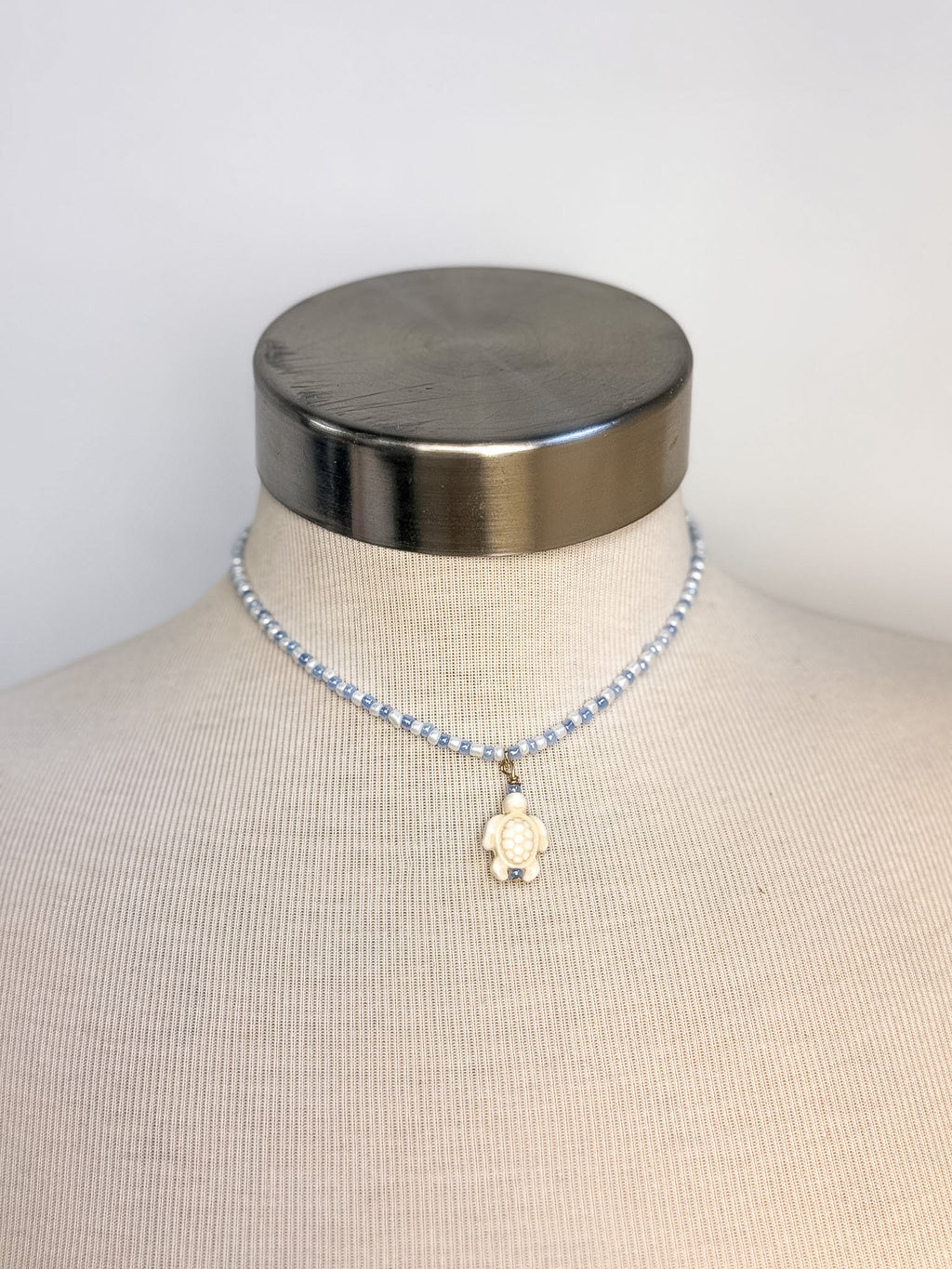 Handmade Blue & White Seed Bead Charm Necklace