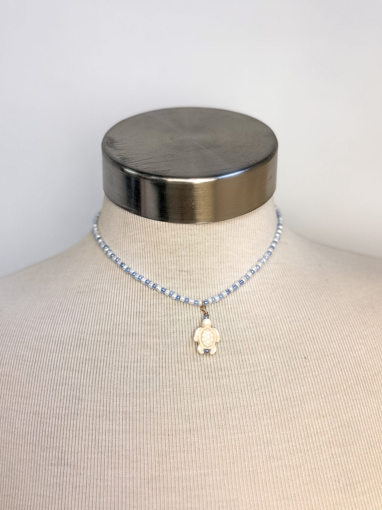 Handmade Blue & White Seed Bead Charm Necklace