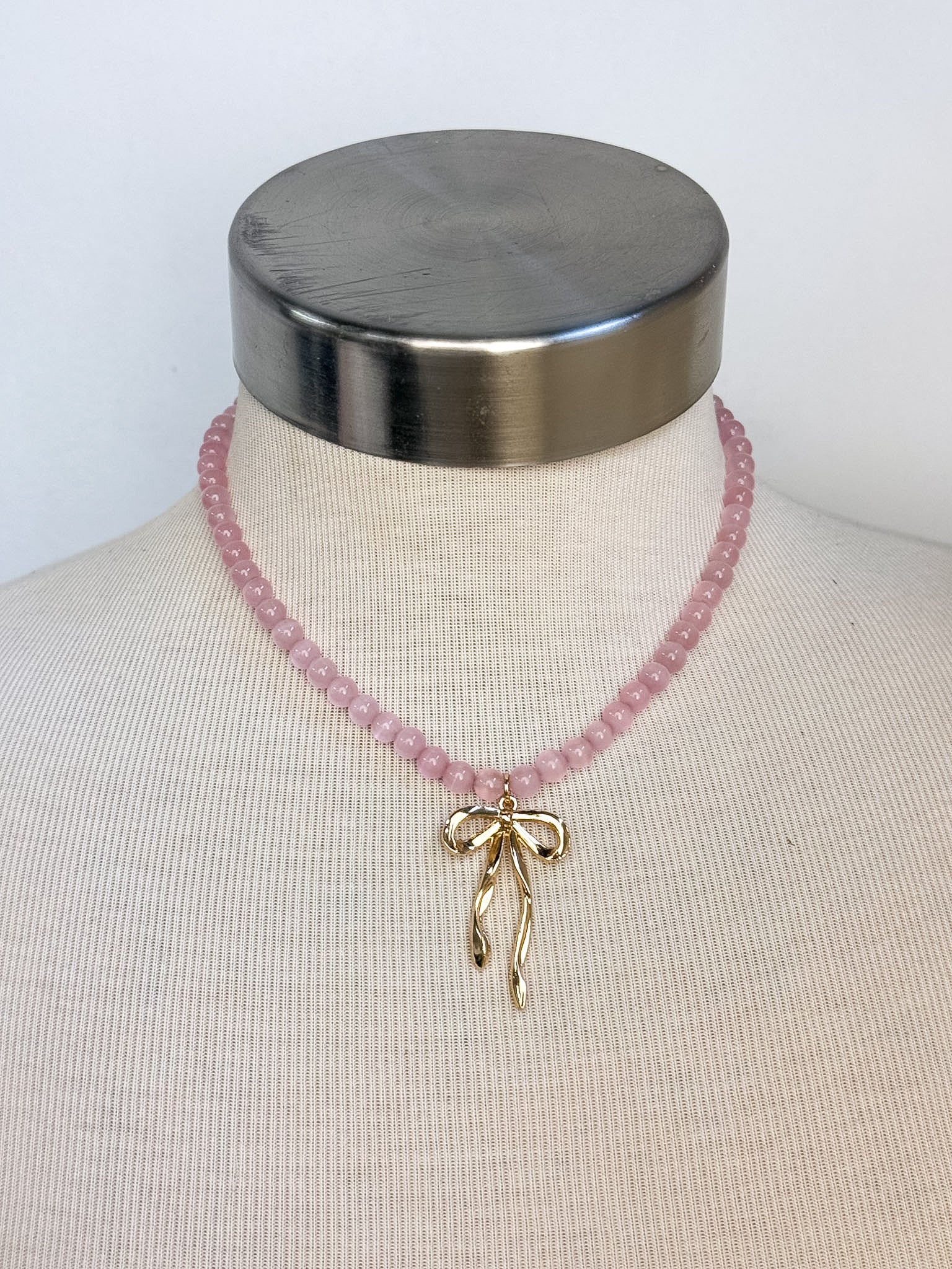 Handmade Semi Precious Pink Bead Necklace with Bow Charm