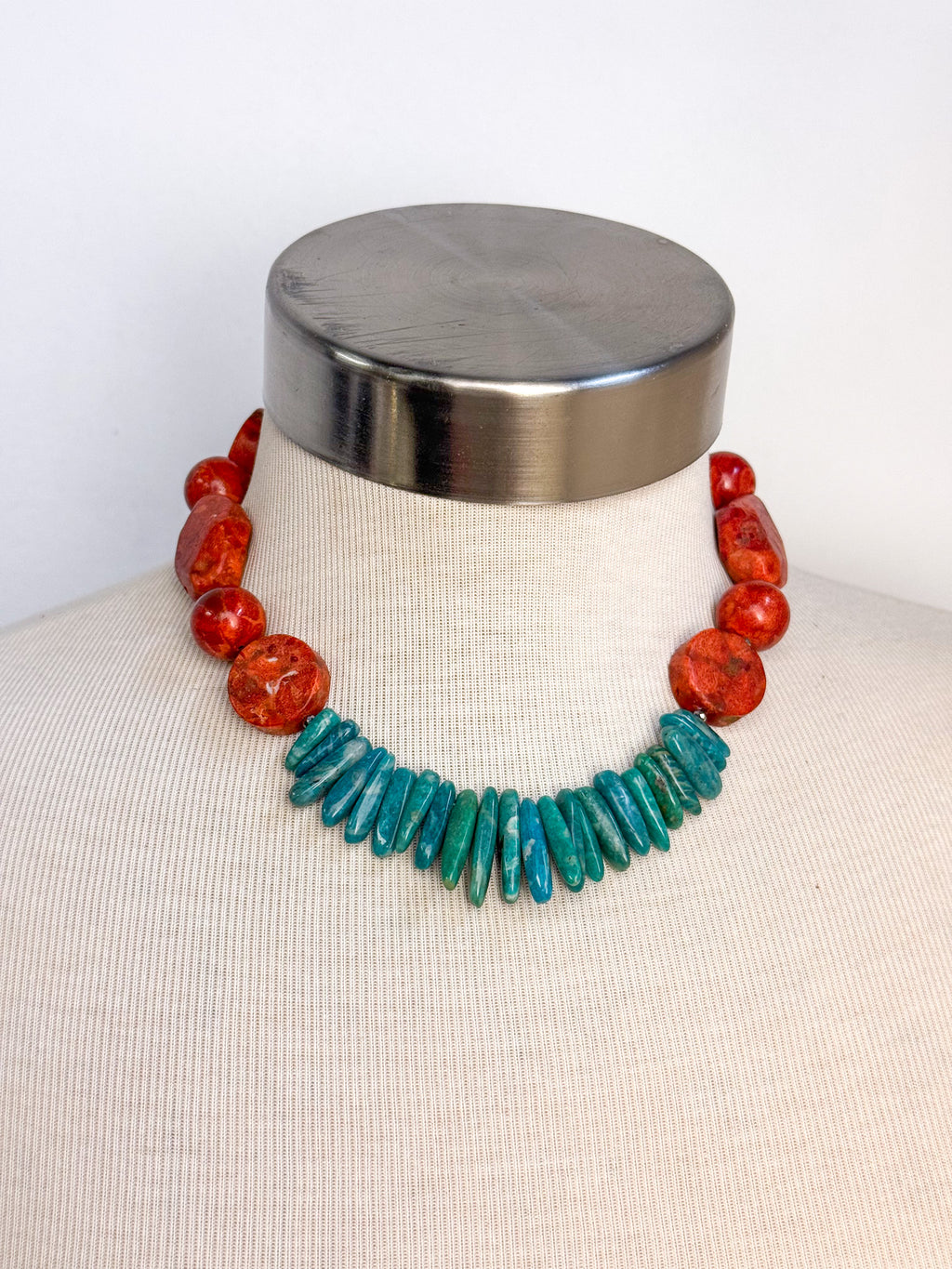 OOAK Coral & Amazonite Fringe Statement Necklace