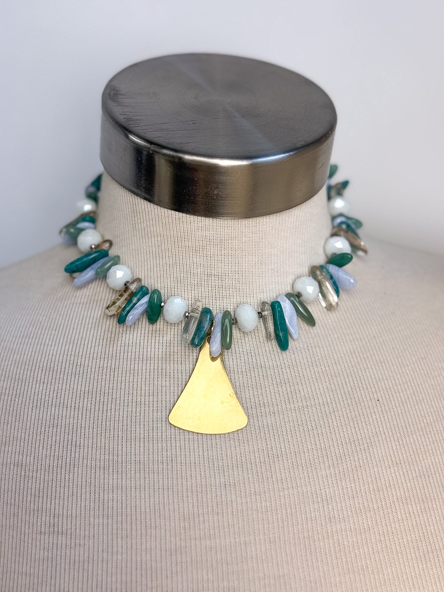 OOAK Gemstone Chips & Vintage Brass Pendant Necklace