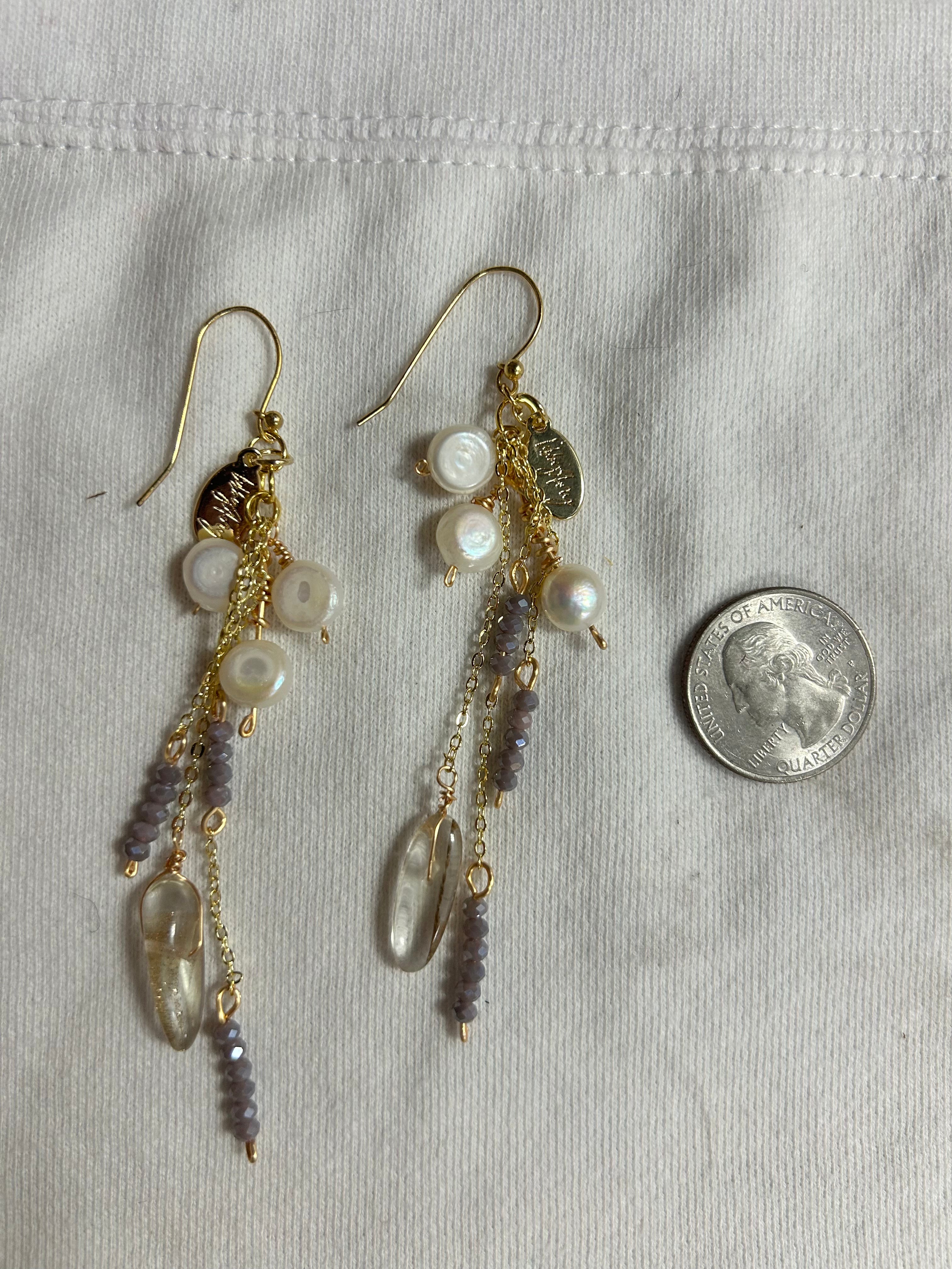 Handmade Triple Pearl Glass & Gold Stone Statement Earrings