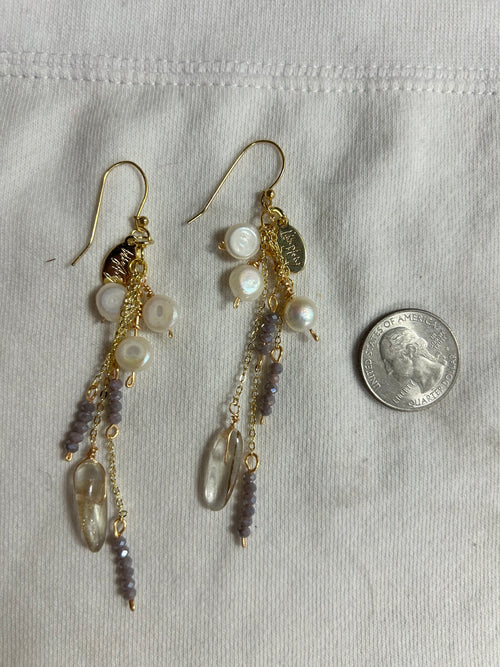 Handmade Triple Pearl Glass & Gold Stone Statement Earrings