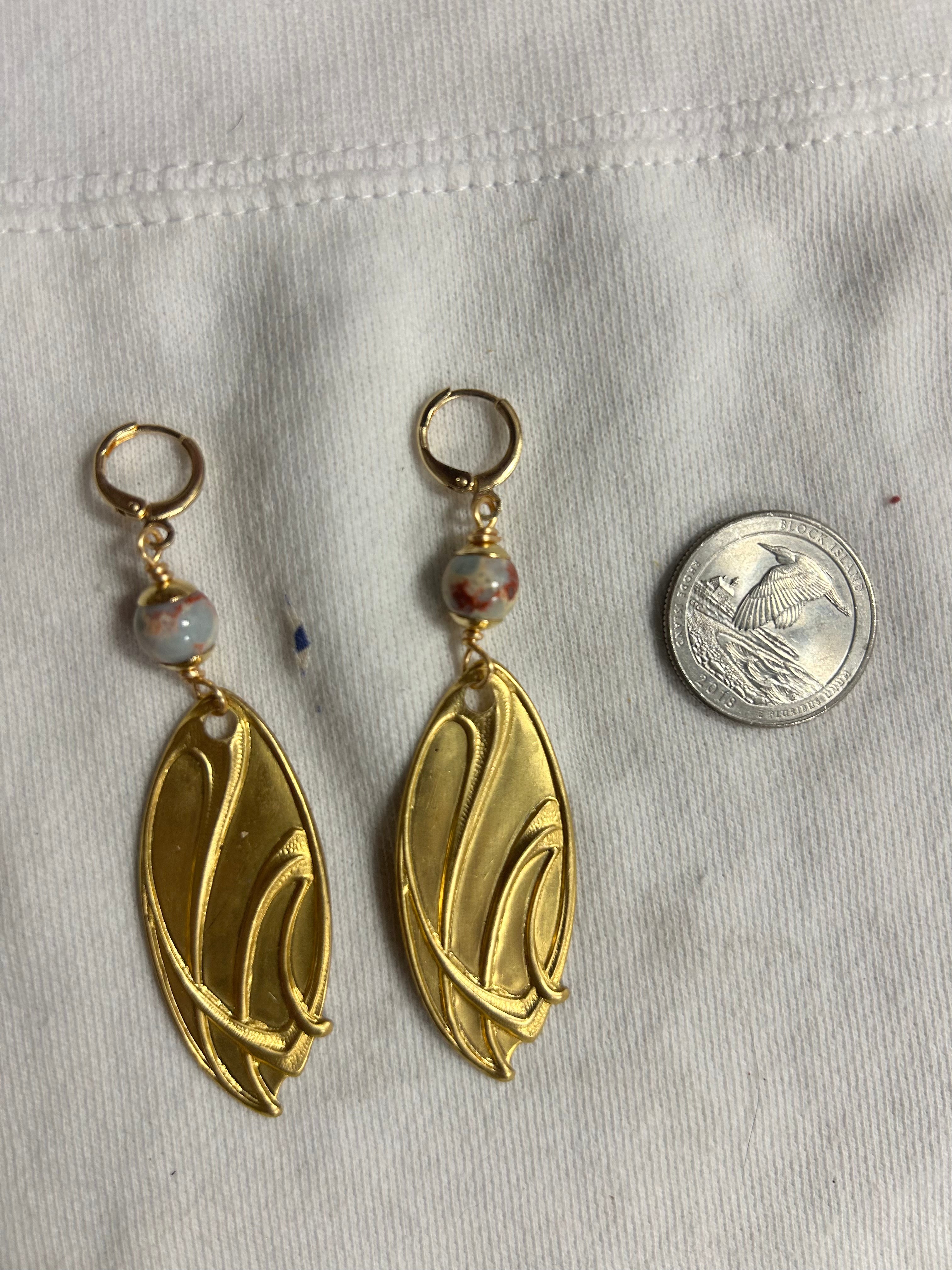 OOAK Jasper & Vintage Brass Stamping Earrings