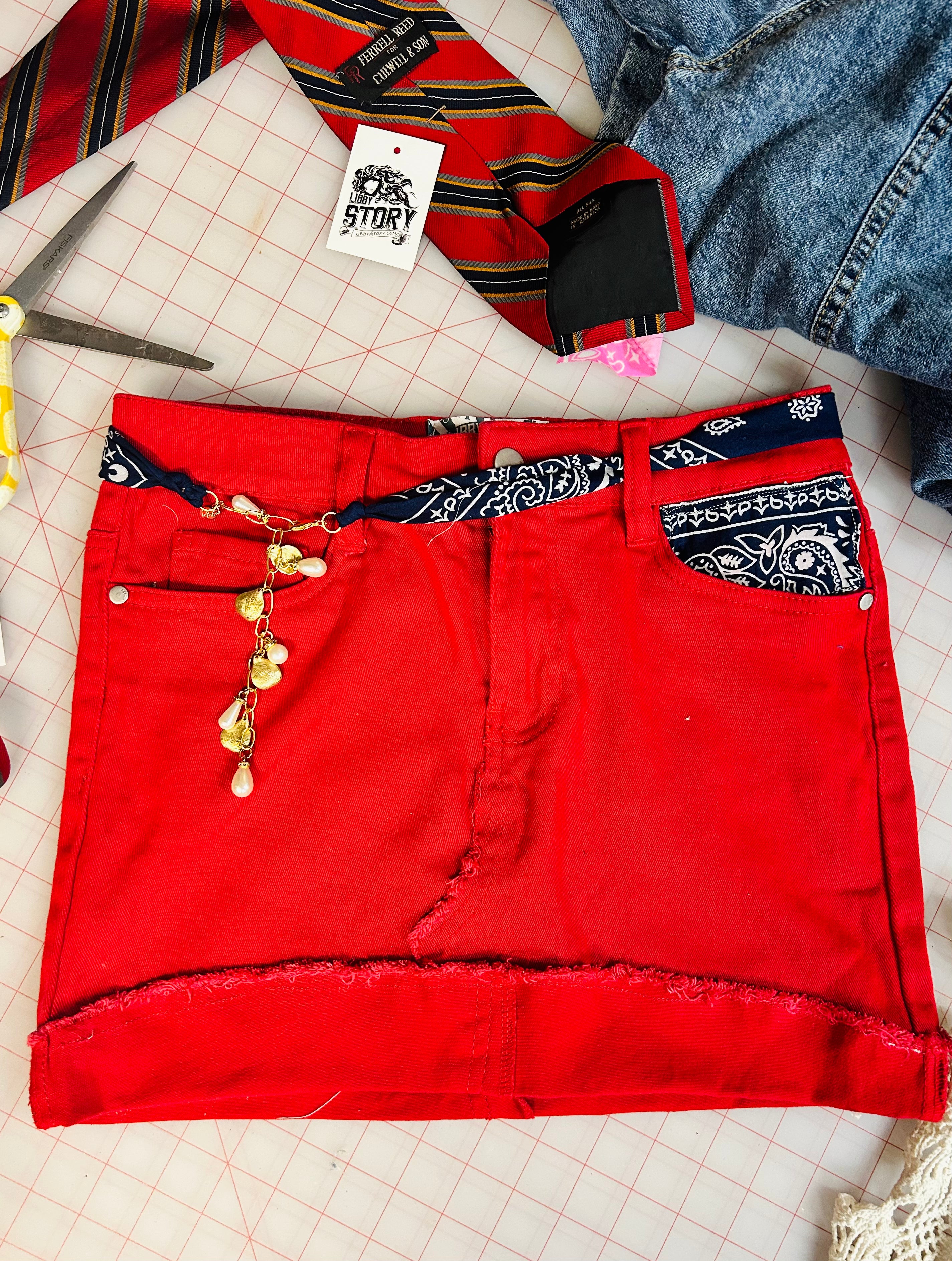 OOAK Red Bandana Trim Denim Skirt