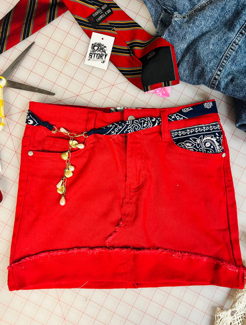 OOAK Red Bandana Trim Denim Skirt