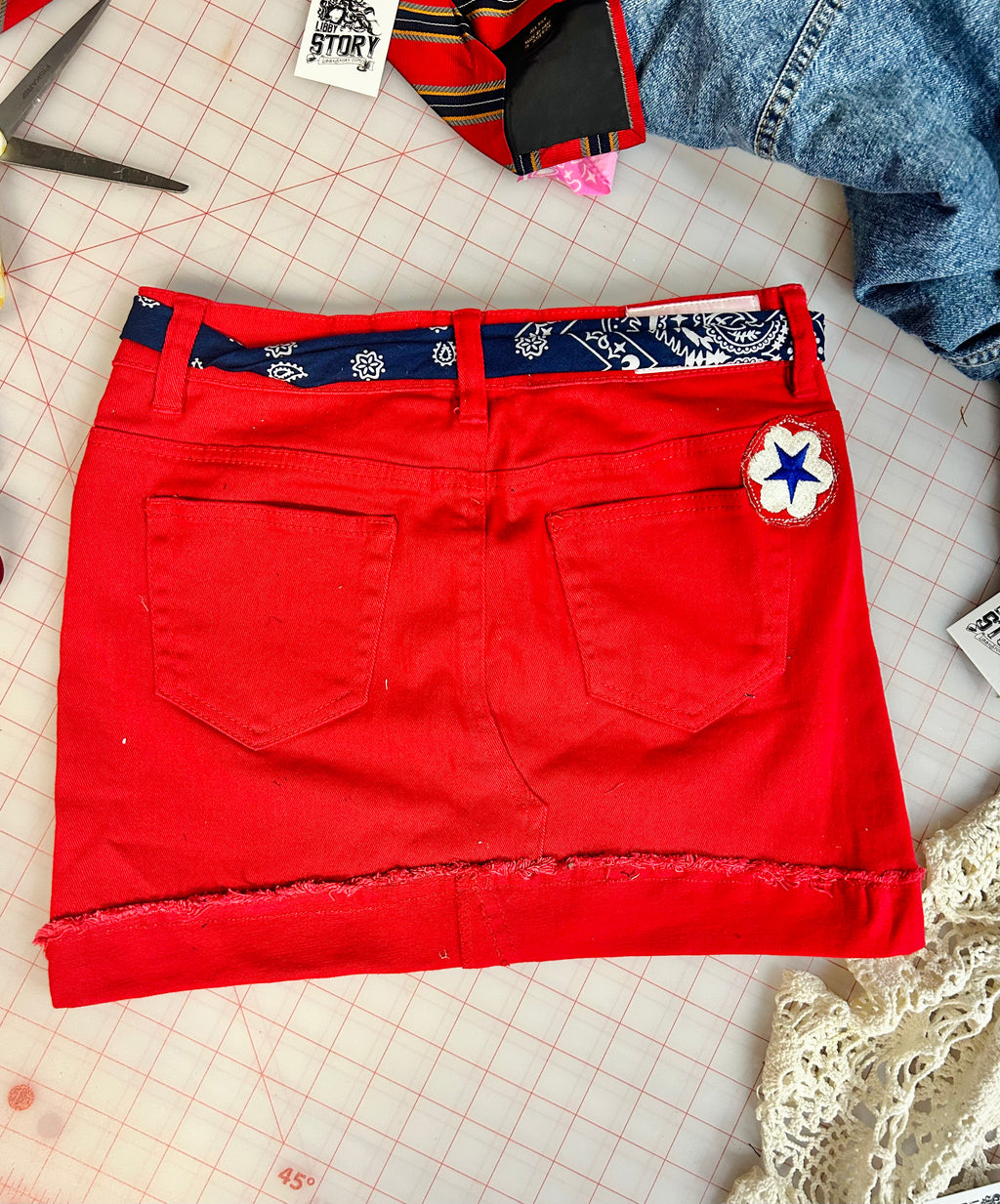 OOAK Red Bandana Trim Denim Skirt