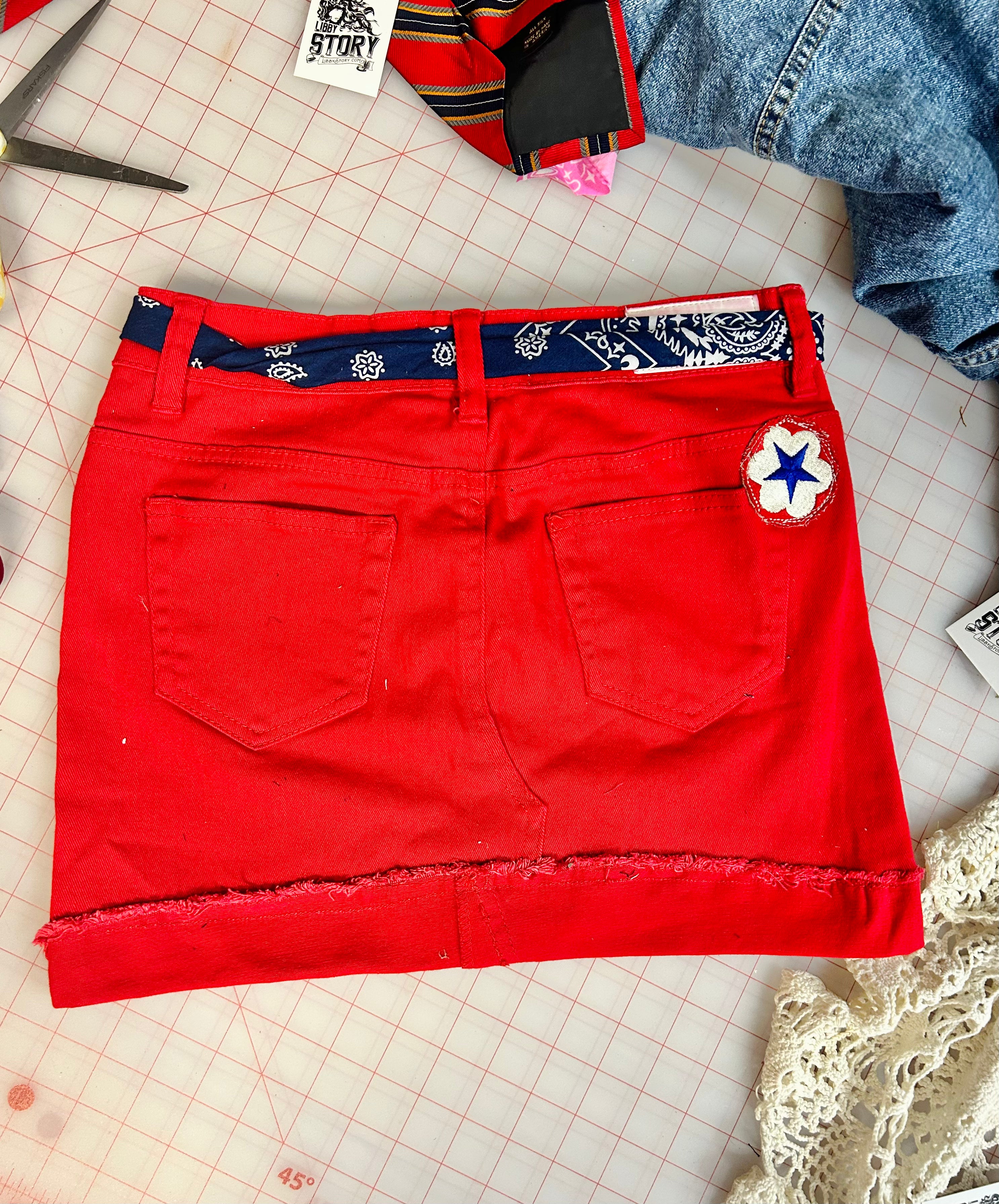 OOAK Red Bandana Trim Denim Skirt