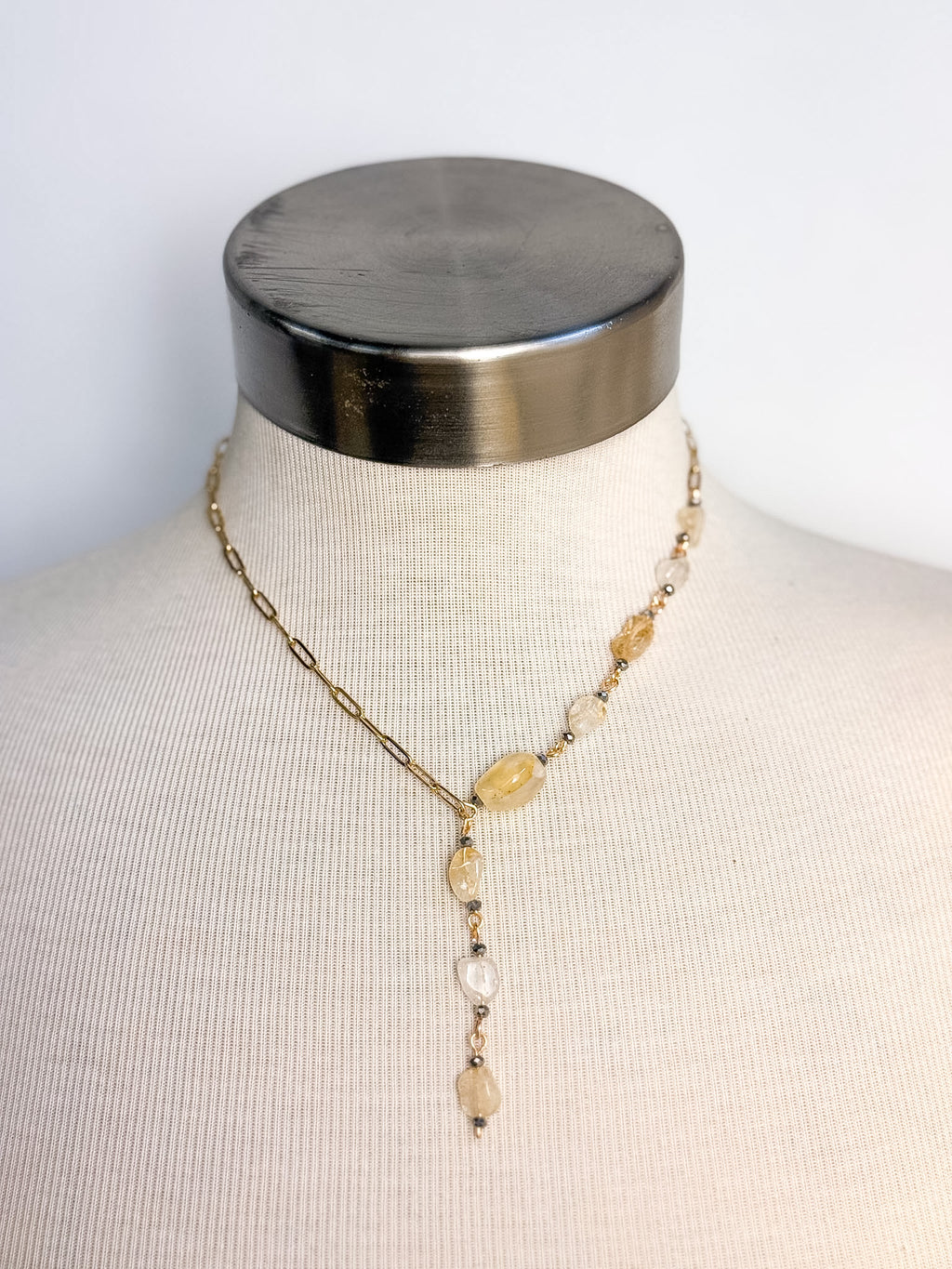 Handmade Citrine & Faceted Glass Lariat Necklace