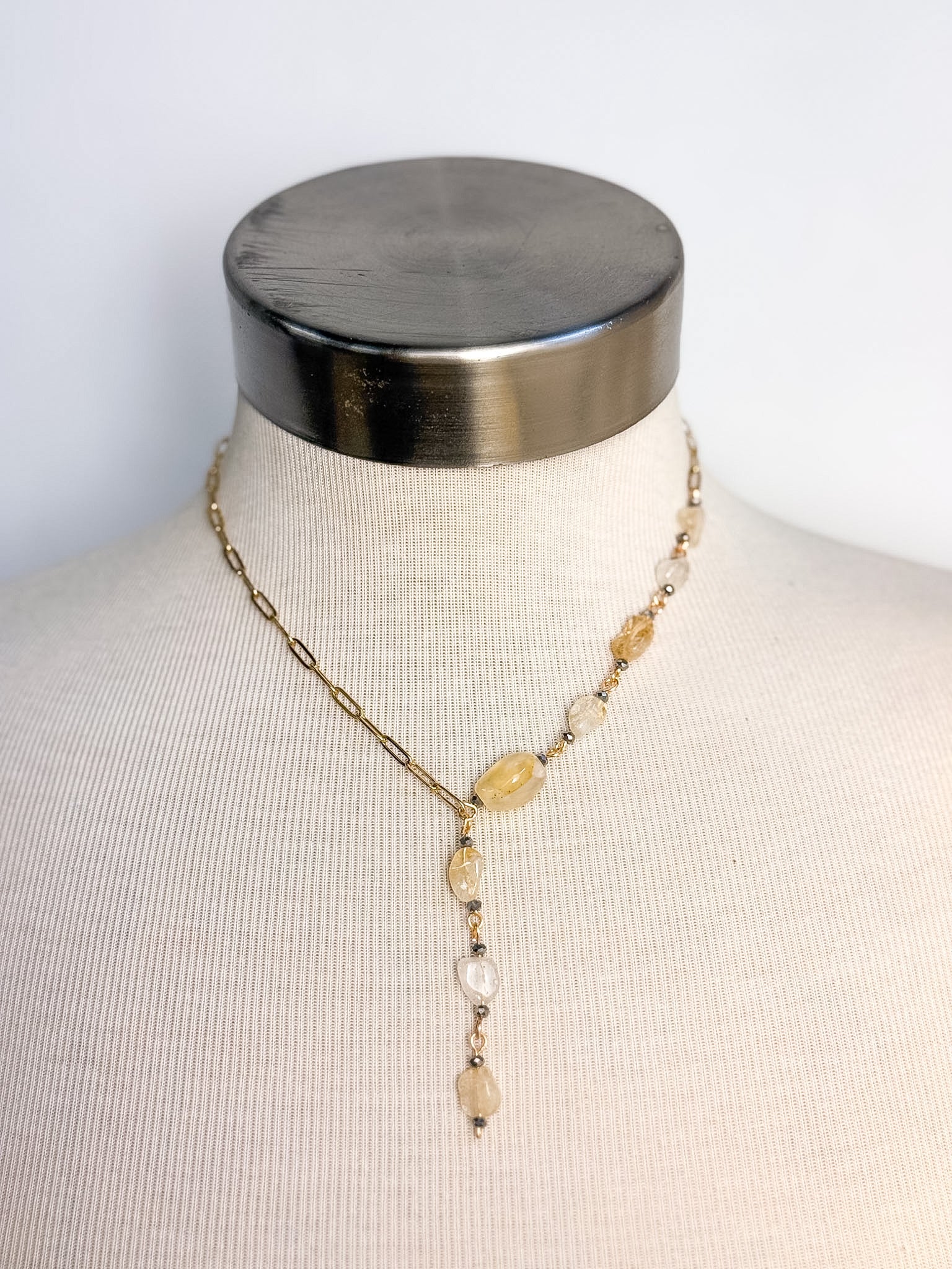 Handmade Citrine & Faceted Glass Lariat Necklace