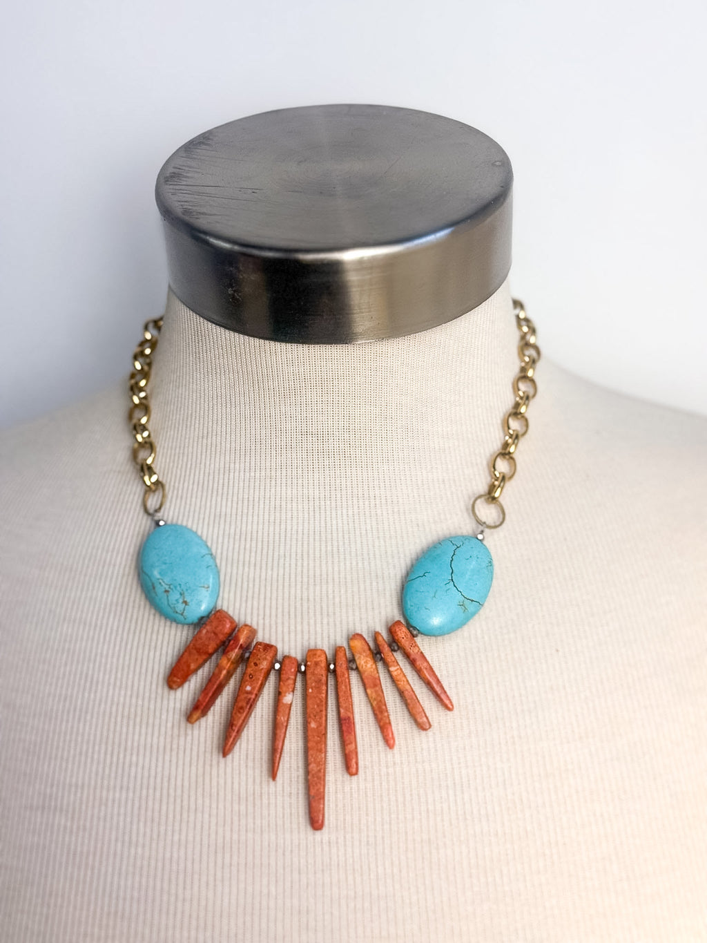Handmade Turquoise & Coral Dagger Statement Necklace