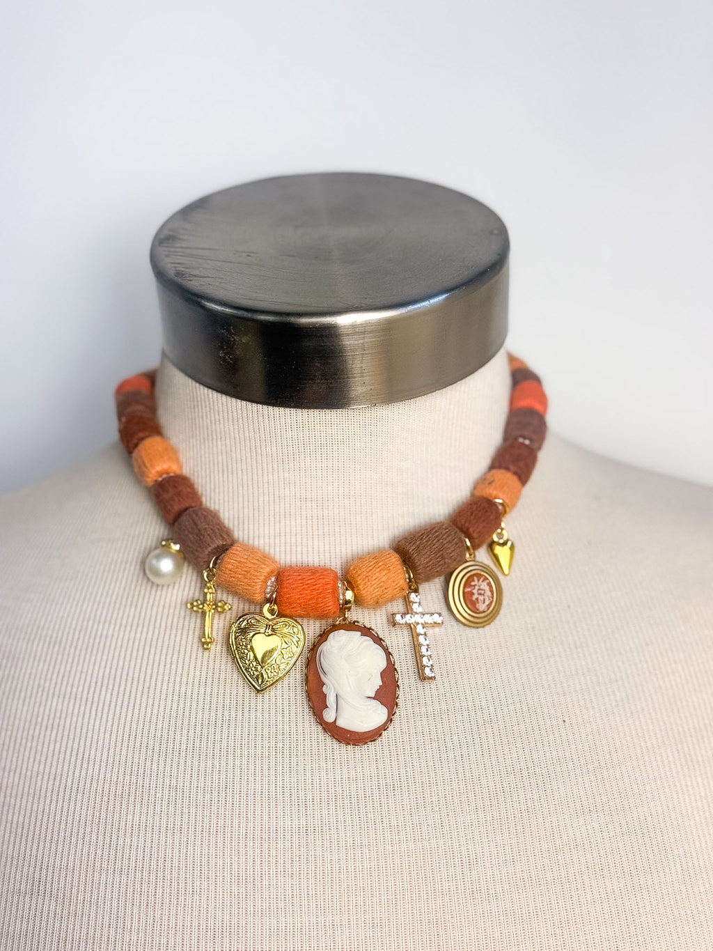 OOAK Vintage Bead Cameo Charm Necklace