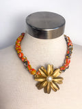 OOAK Fabric Beads and Vintage Flower Necklace