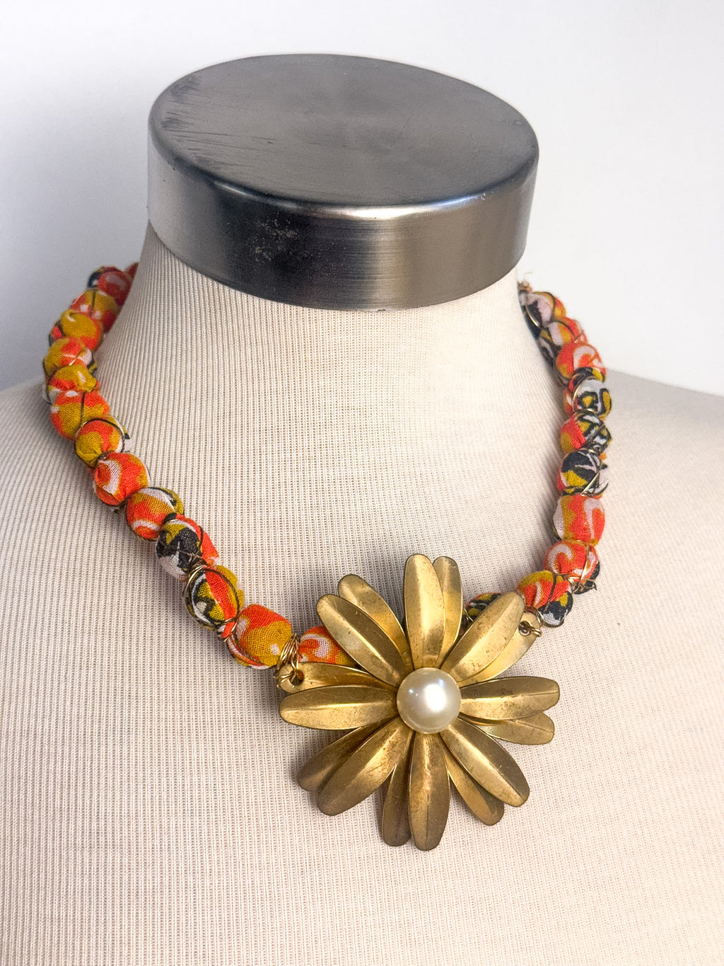 OOAK Fabric Beads and Vintage Flower Necklace