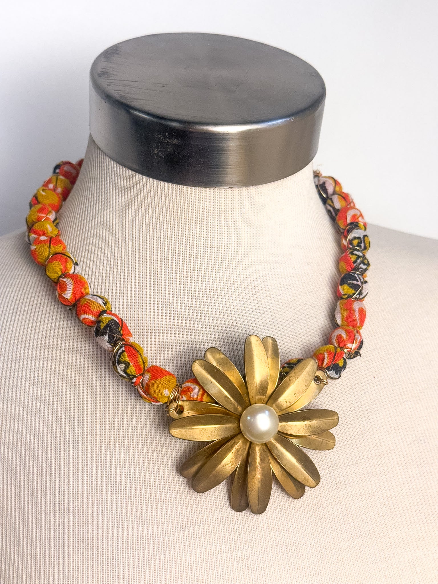 OOAK Fabric Beads and Vintage Flower Necklace