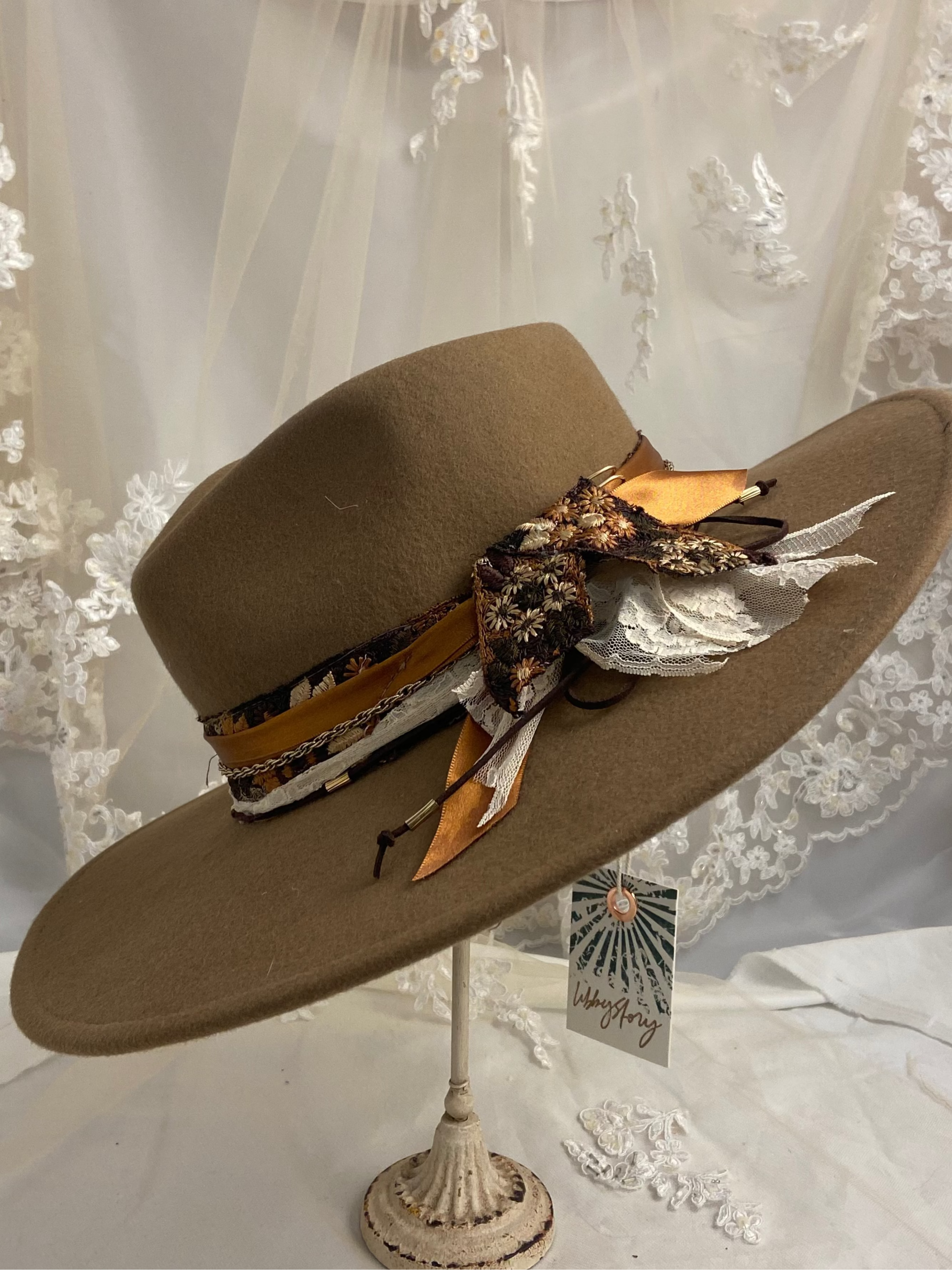 OOAK Wool Brown Floral Ribbon Flexible Wide Brim Hat