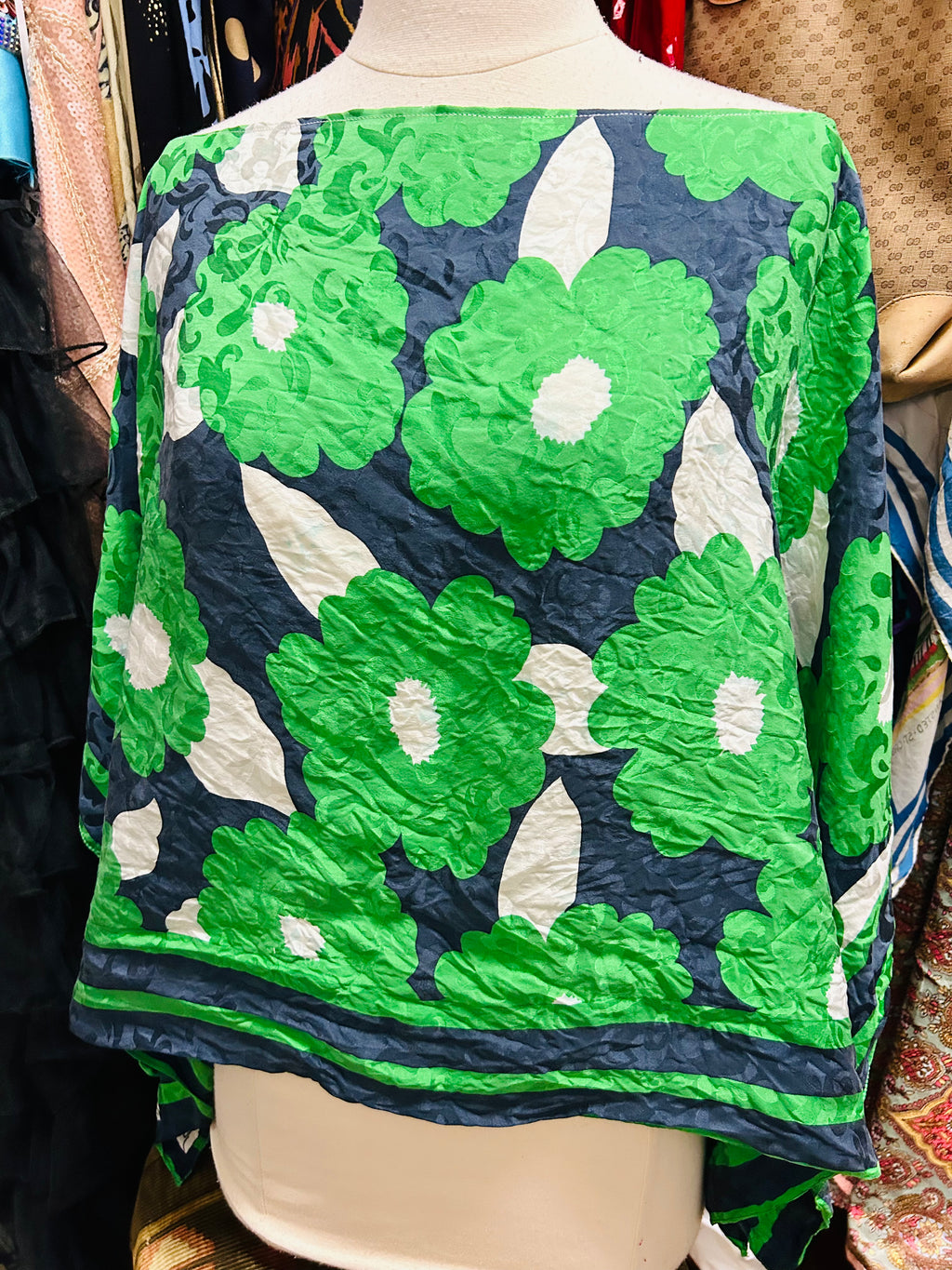 OOAK Silk Green Floral Poncho Scarf Top