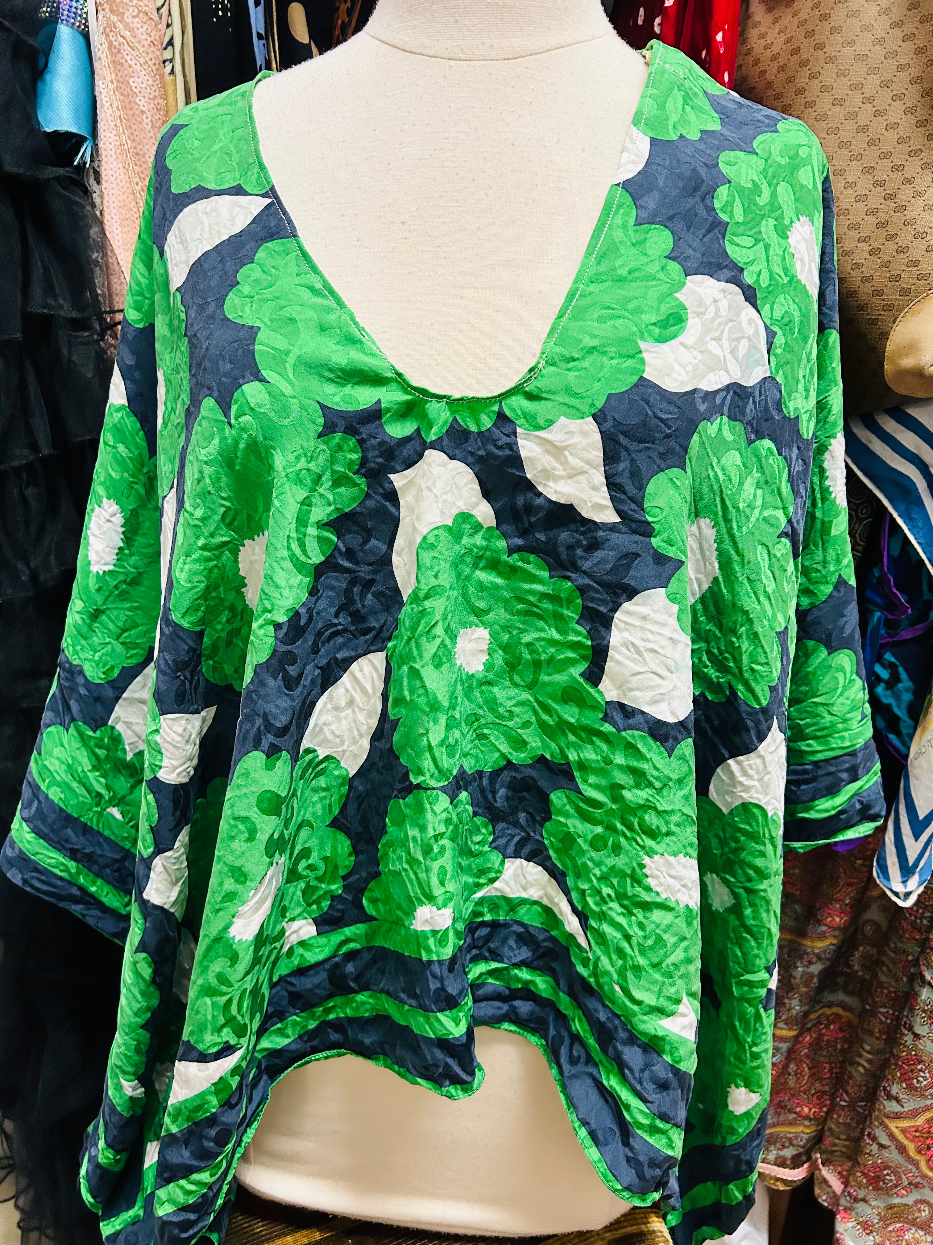 OOAK Silk Green Floral Poncho Scarf Top