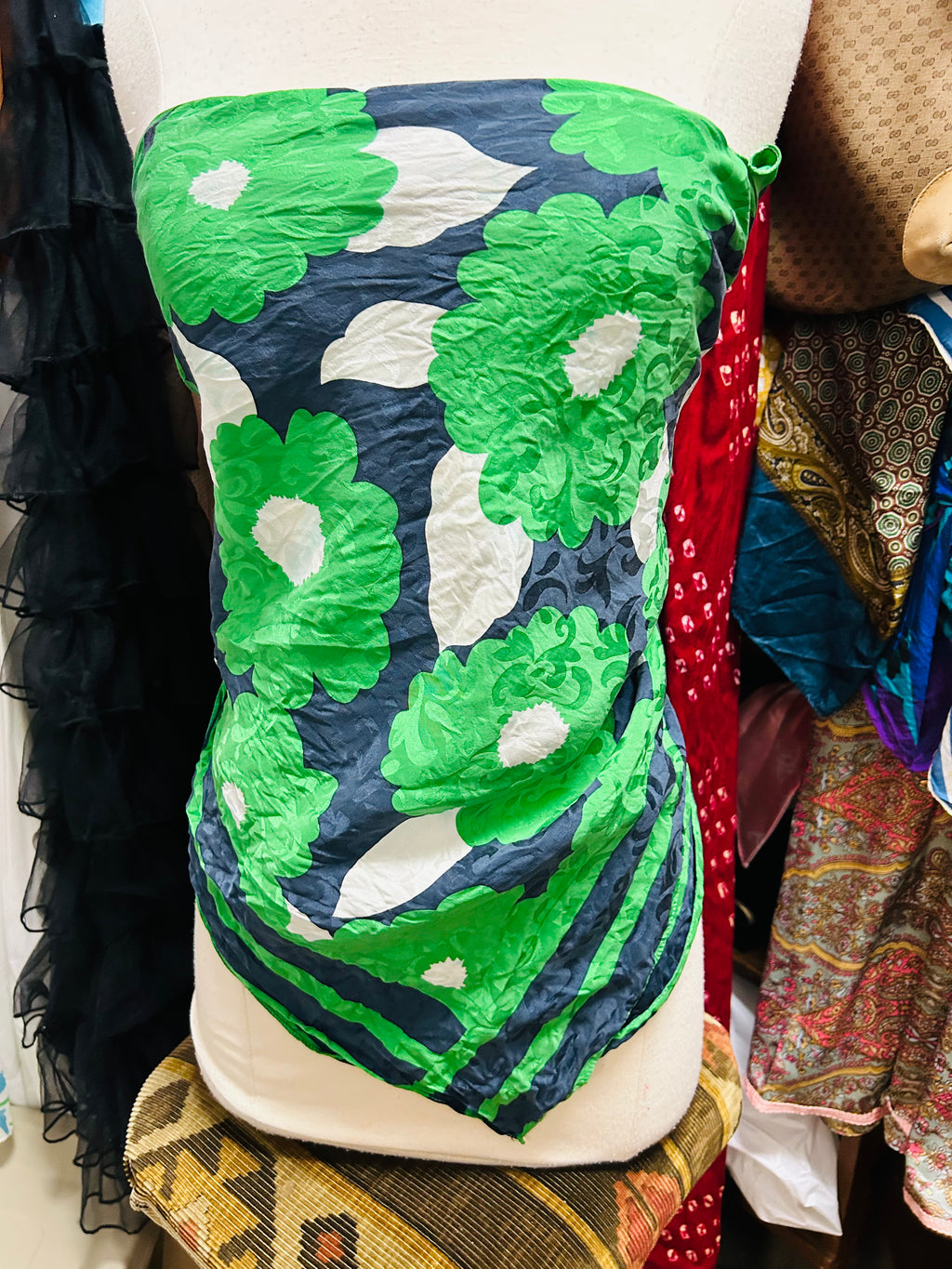 OOAK Silk Green Floral Poncho Scarf Top