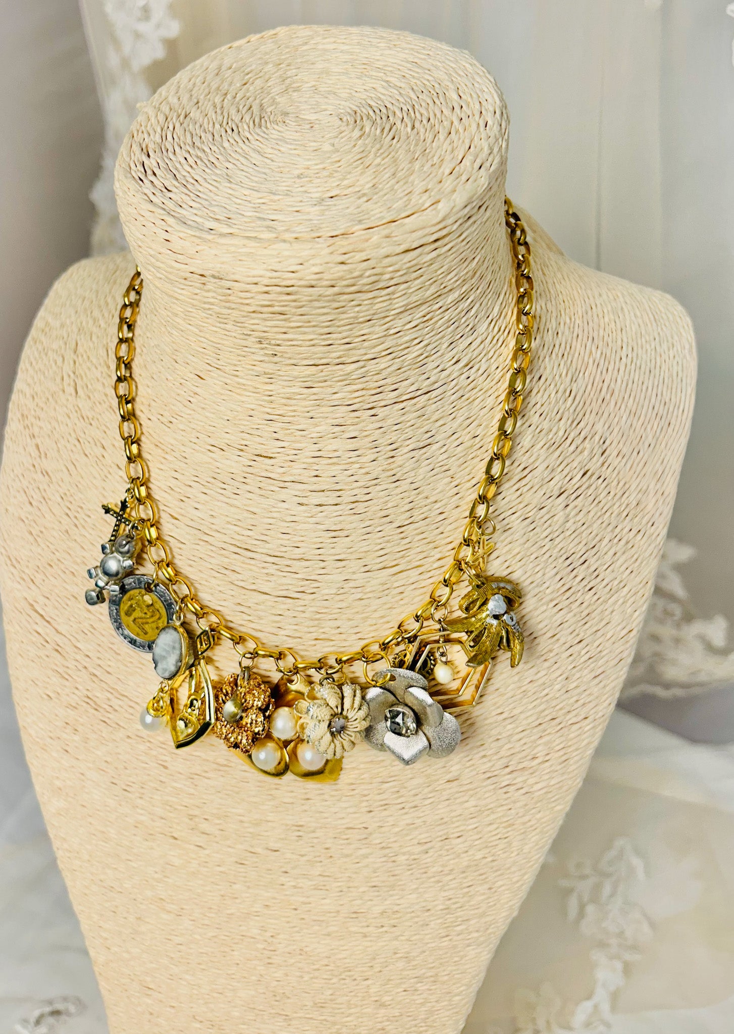 OOAK Pearl/Rhinestone Charm Necklace