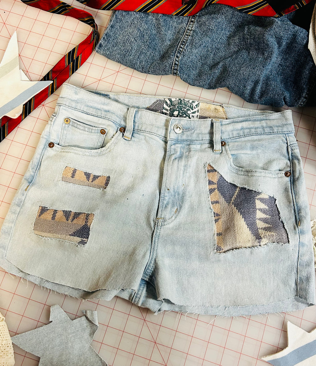 OOAK Light Wash Aztec Patch Cutoffs
