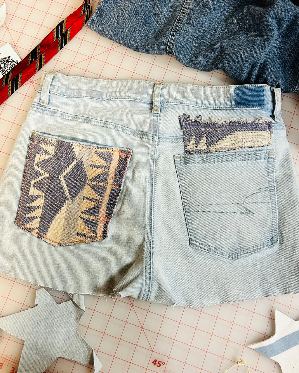 OOAK Light Wash Aztec Patch Cutoffs