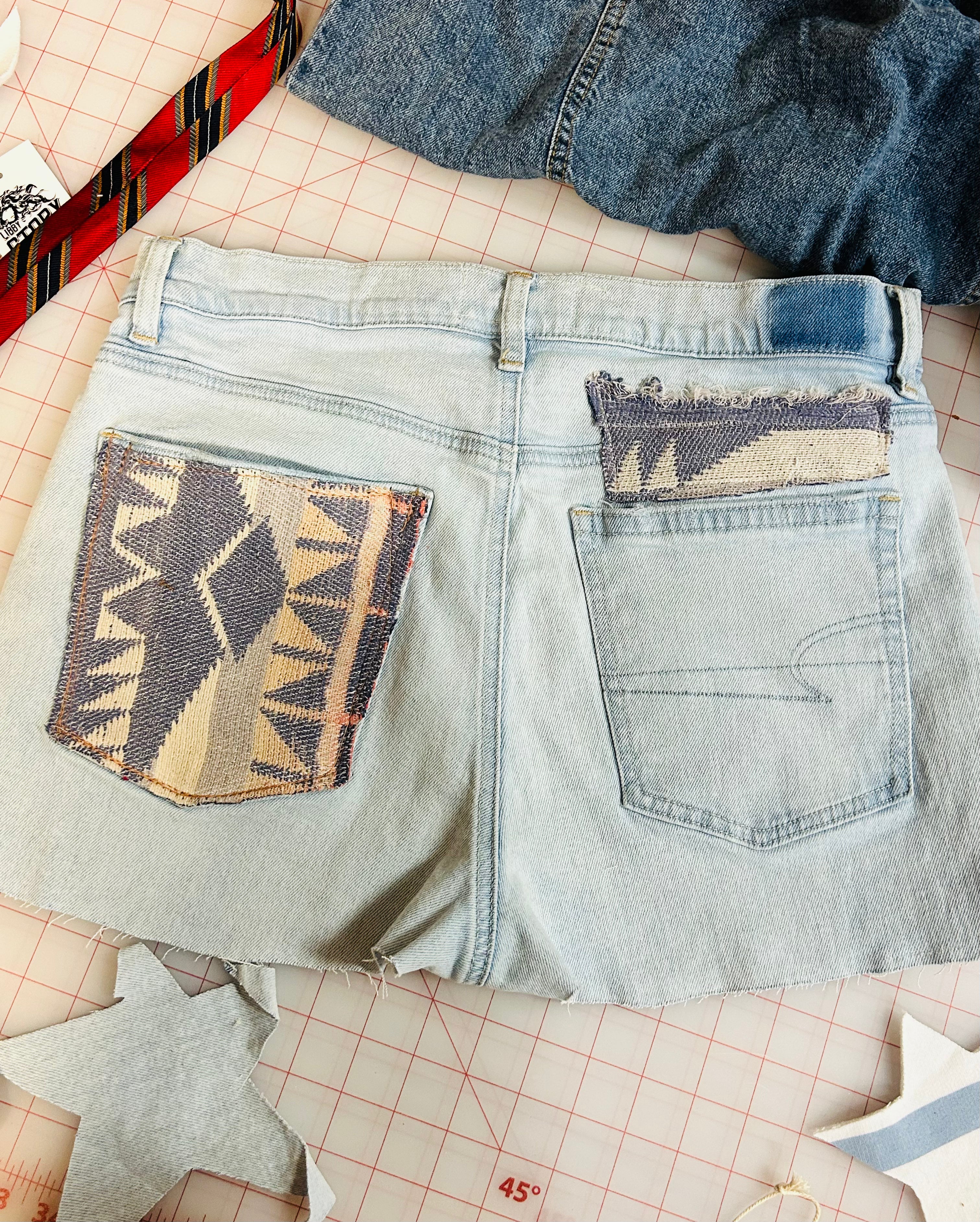 OOAK Light Wash Aztec Patch Cutoffs