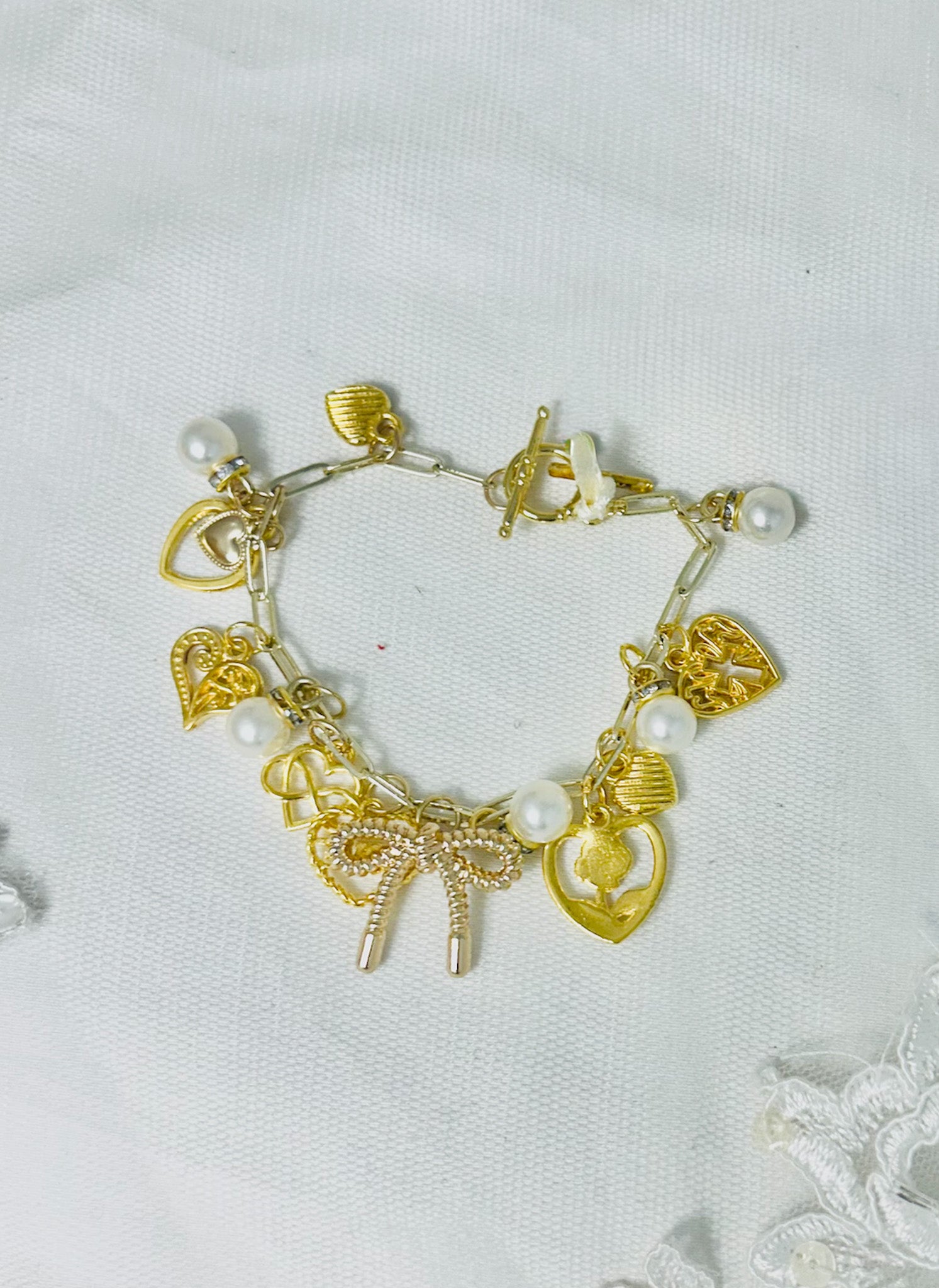 Gold Heart Bow Charm Bracelet w/ Pearls