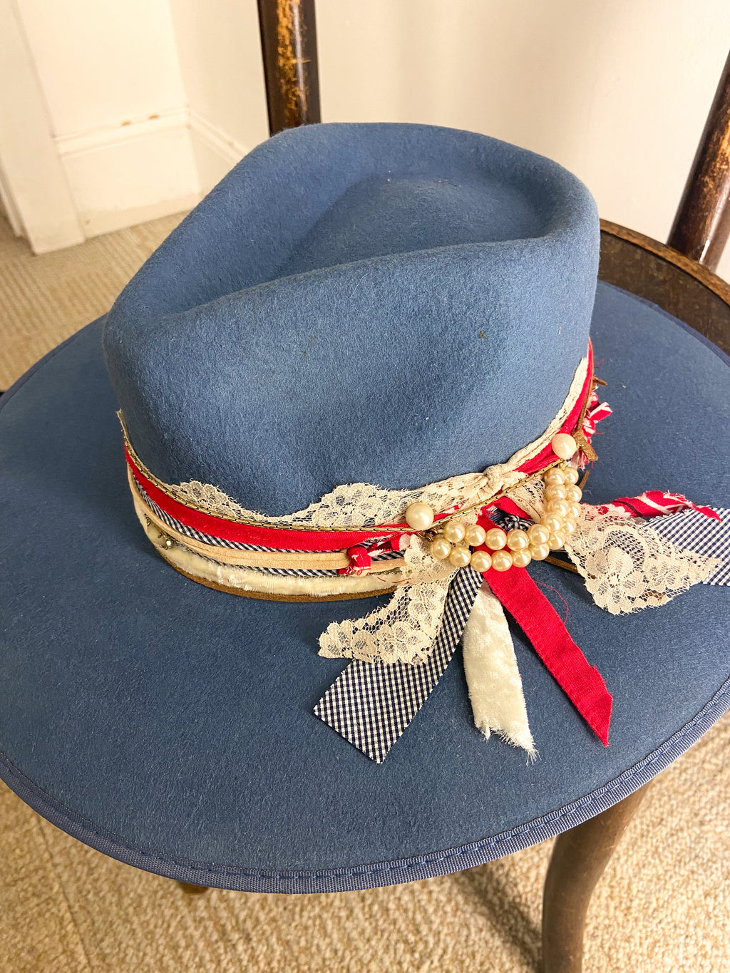 OOAK 100% Wool Blue/Red/Pearls Stiff Brim Rancher Hat
