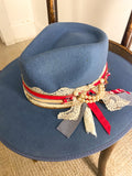 OOAK 100% Wool Blue/Red/Pearls Stiff Brim Rancher Hat