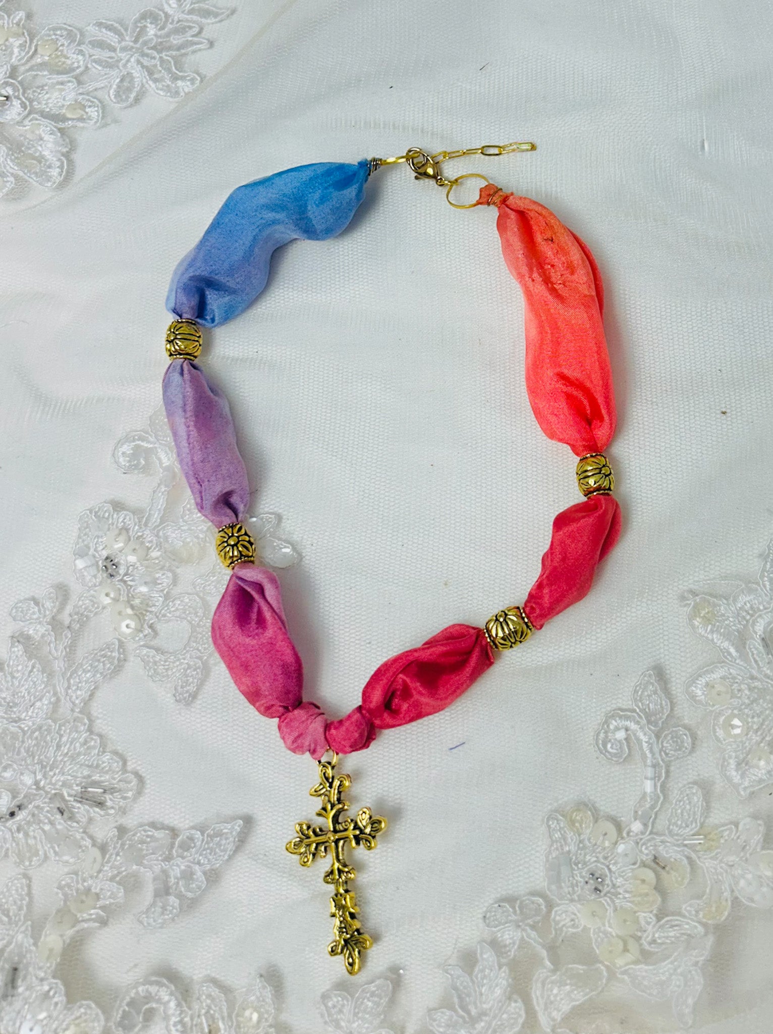 OOAK Vintage Silk Scarf and Cross Necklace