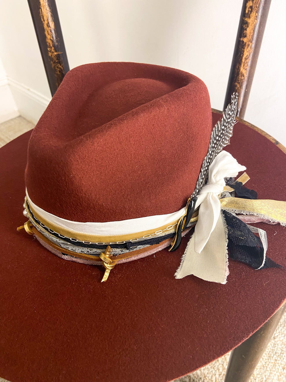 Stiff Ribbon Hat OOAK 100% Wool Maroon Mix Stiff Brim Rancher Hat – Libby Story