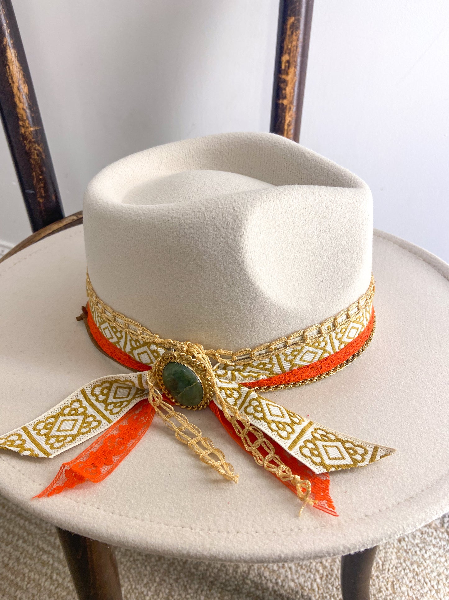 OOAK Vintage Vegan Felt Ivory/Mustard Rancher Hat