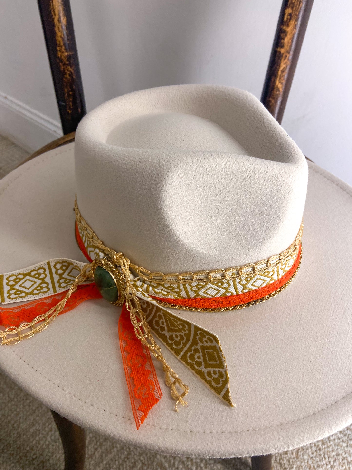 OOAK Vintage Vegan Felt Ivory/Mustard Rancher Hat