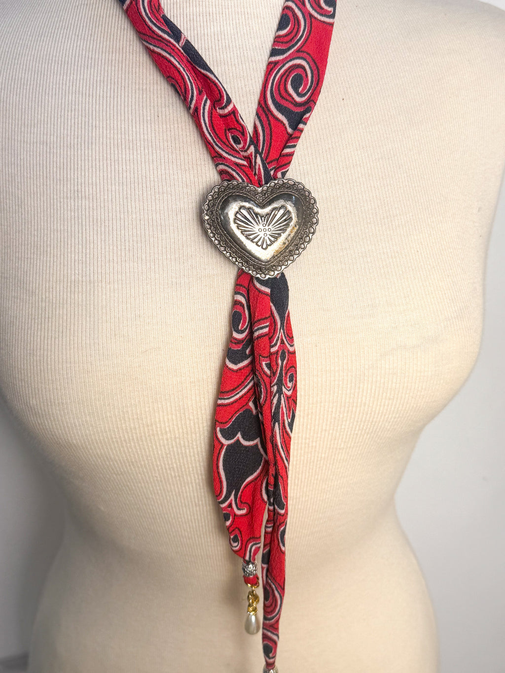 OOAK Vintage Heart & Pearls Fabric Bolo