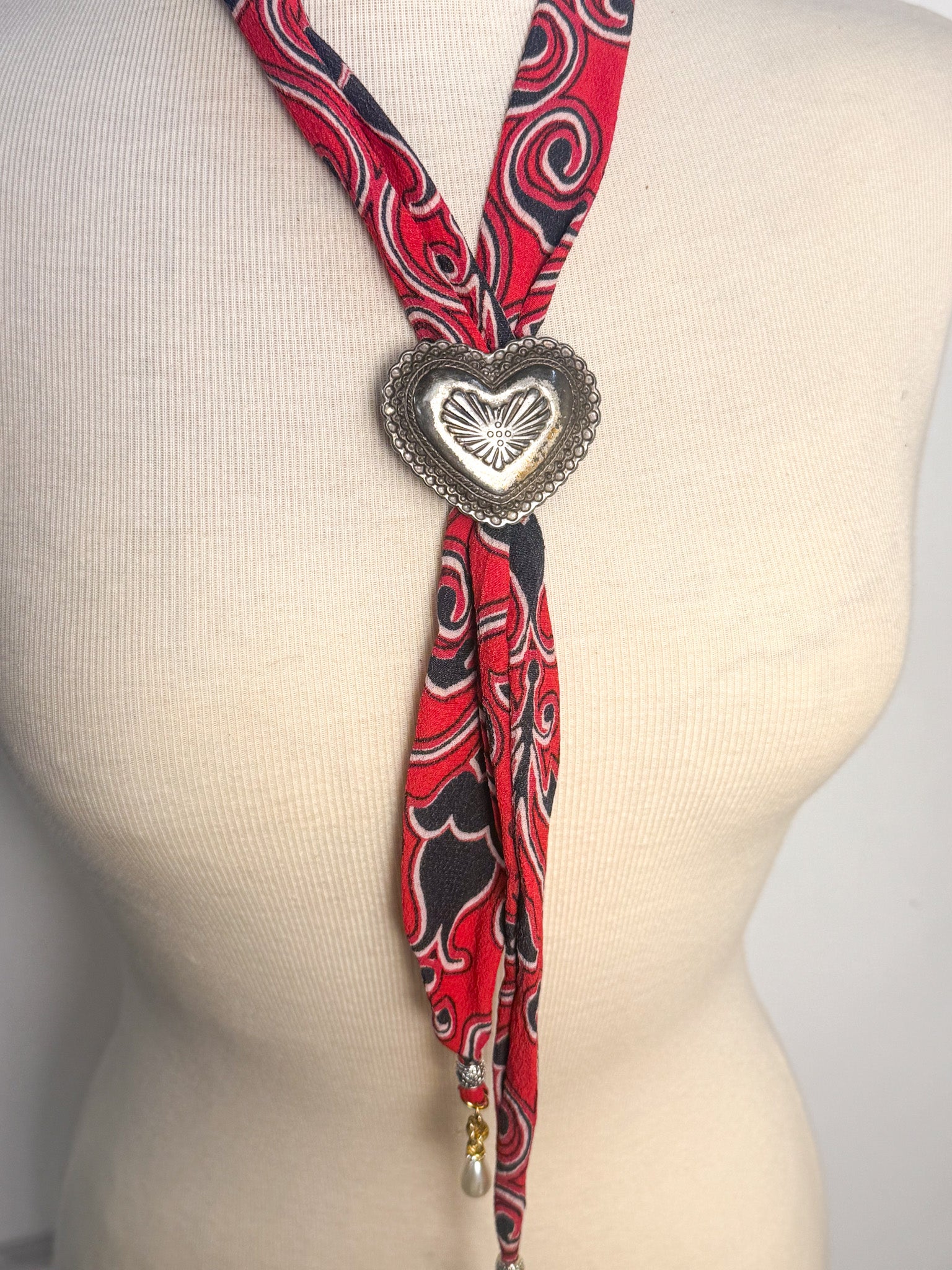 OOAK Vintage Heart & Pearls Fabric Bolo