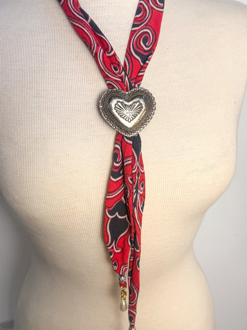 OOAK Vintage Heart & Pearls Fabric Bolo
